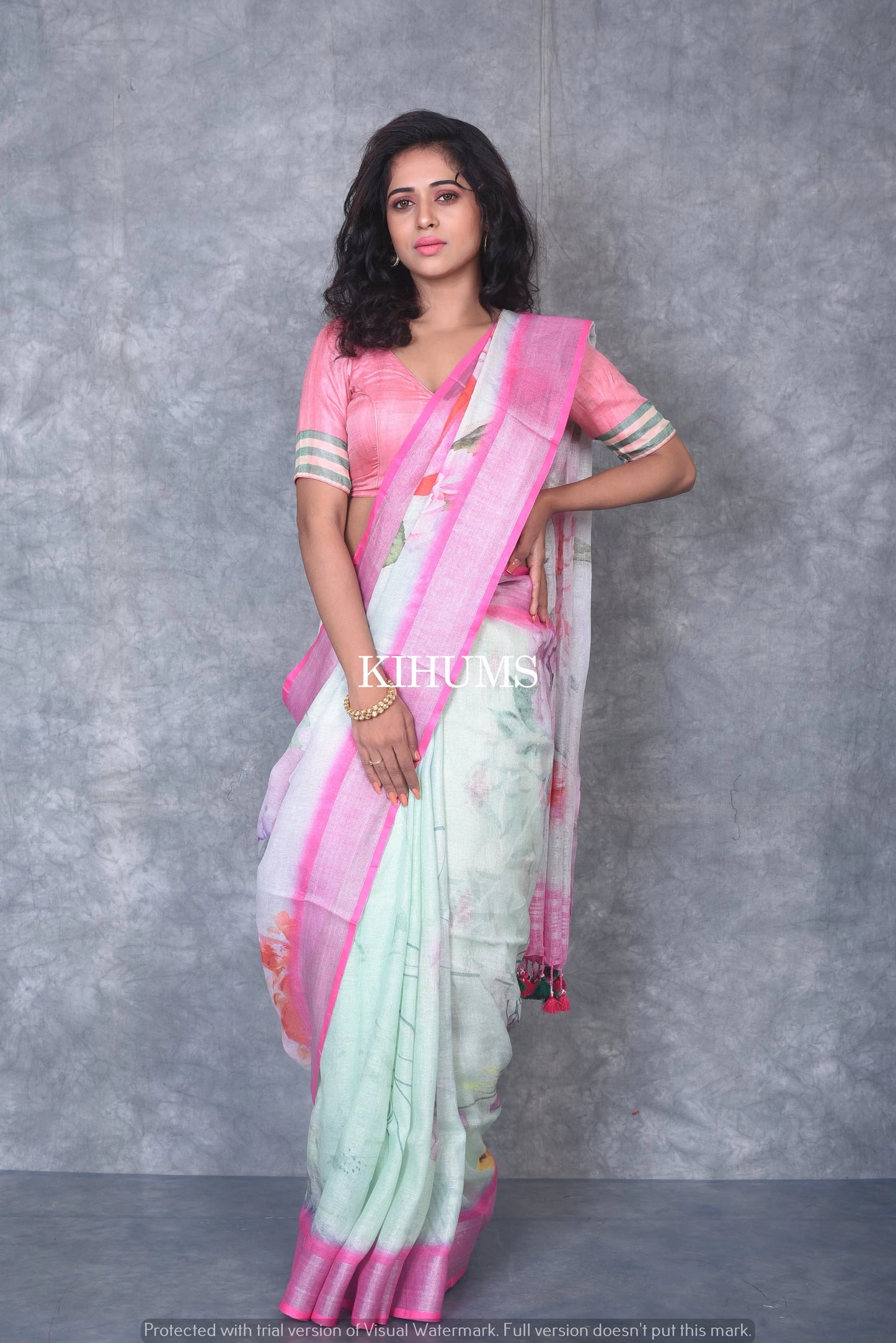 Light Olive Floral Print linen saree I Pink and Silver Zari Border I Handwoven Saree I Pretty Sari | KIHUMS Saree kihums clothing