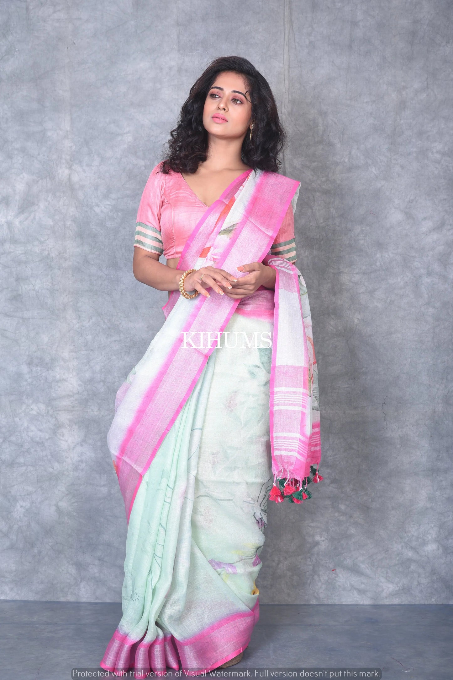 Light Olive Floral Print linen saree I Pink and Silver Zari Border I Handwoven Saree I Pretty Sari | KIHUMS Saree kihums clothing