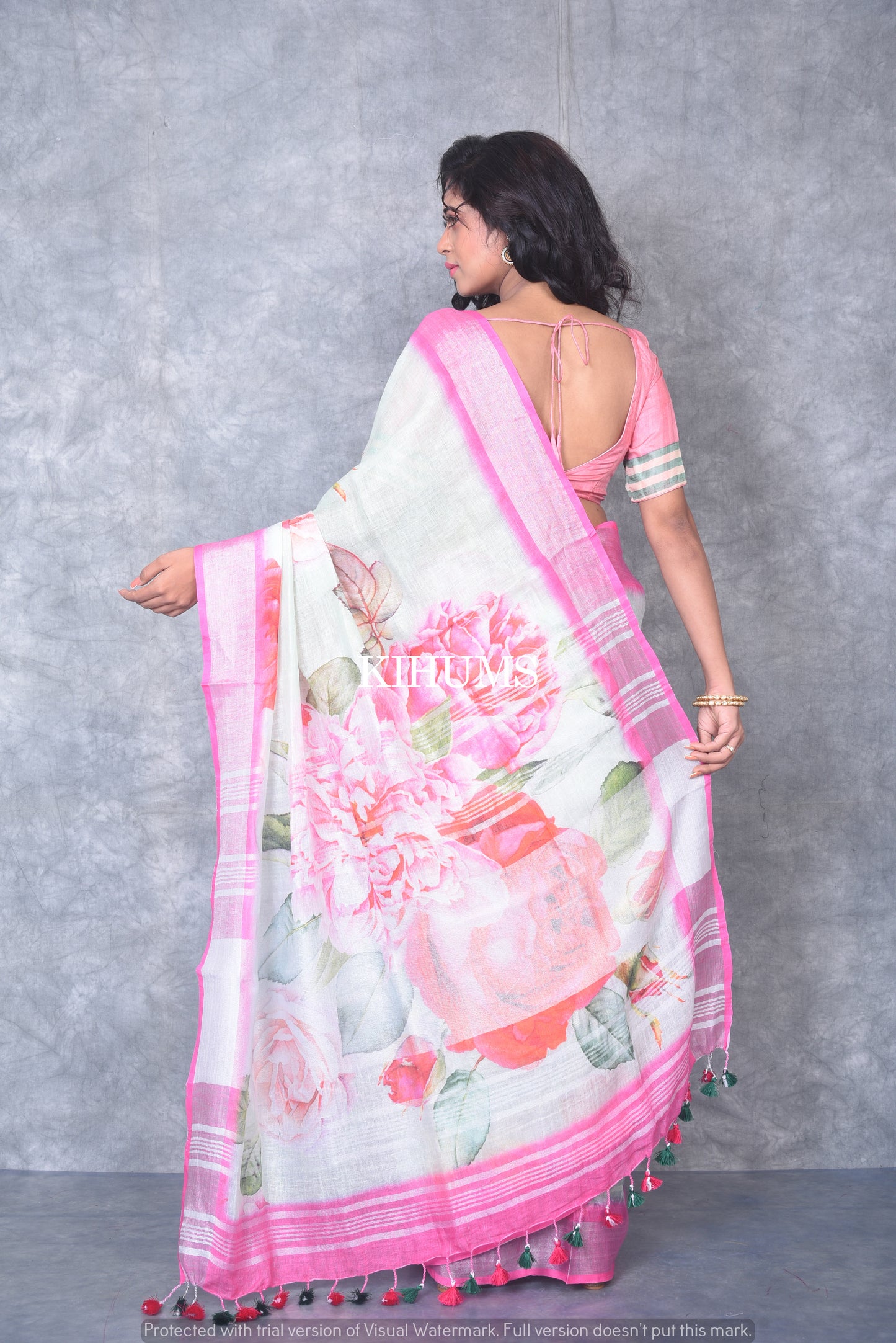 Light Olive Floral Print linen saree I Pink and Silver Zari Border I Handwoven Saree I Pretty Sari | KIHUMS Saree