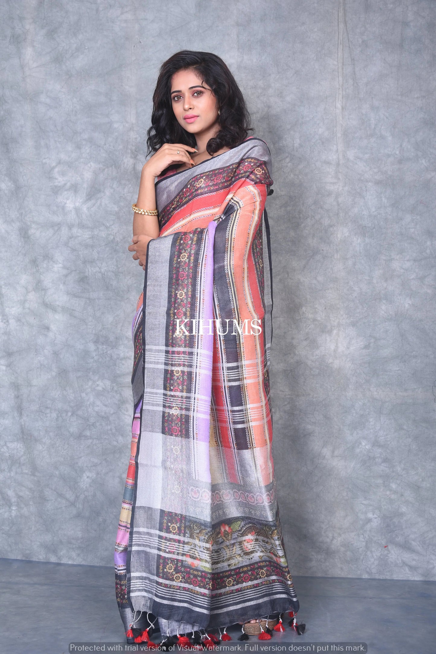Multicolored Printed linen saree I Pink and Silver Zari Border I Handwoven Saree I Pretty Sari | KIHUMS Saree kihums clothing