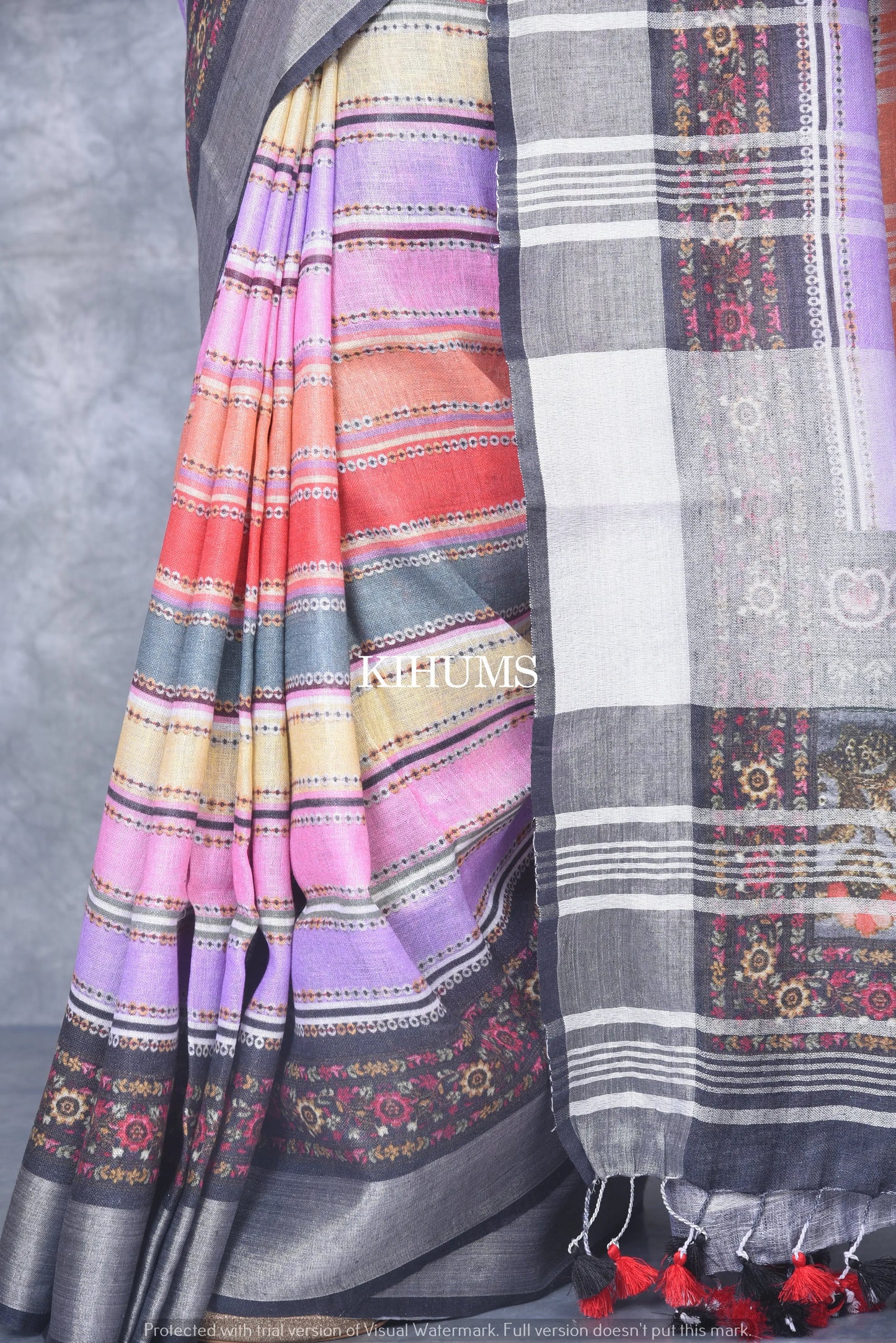 Multicolored Printed linen saree I Pink and Silver Zari Border I Handwoven Saree I Pretty Sari | KIHUMS Saree kihums clothing
