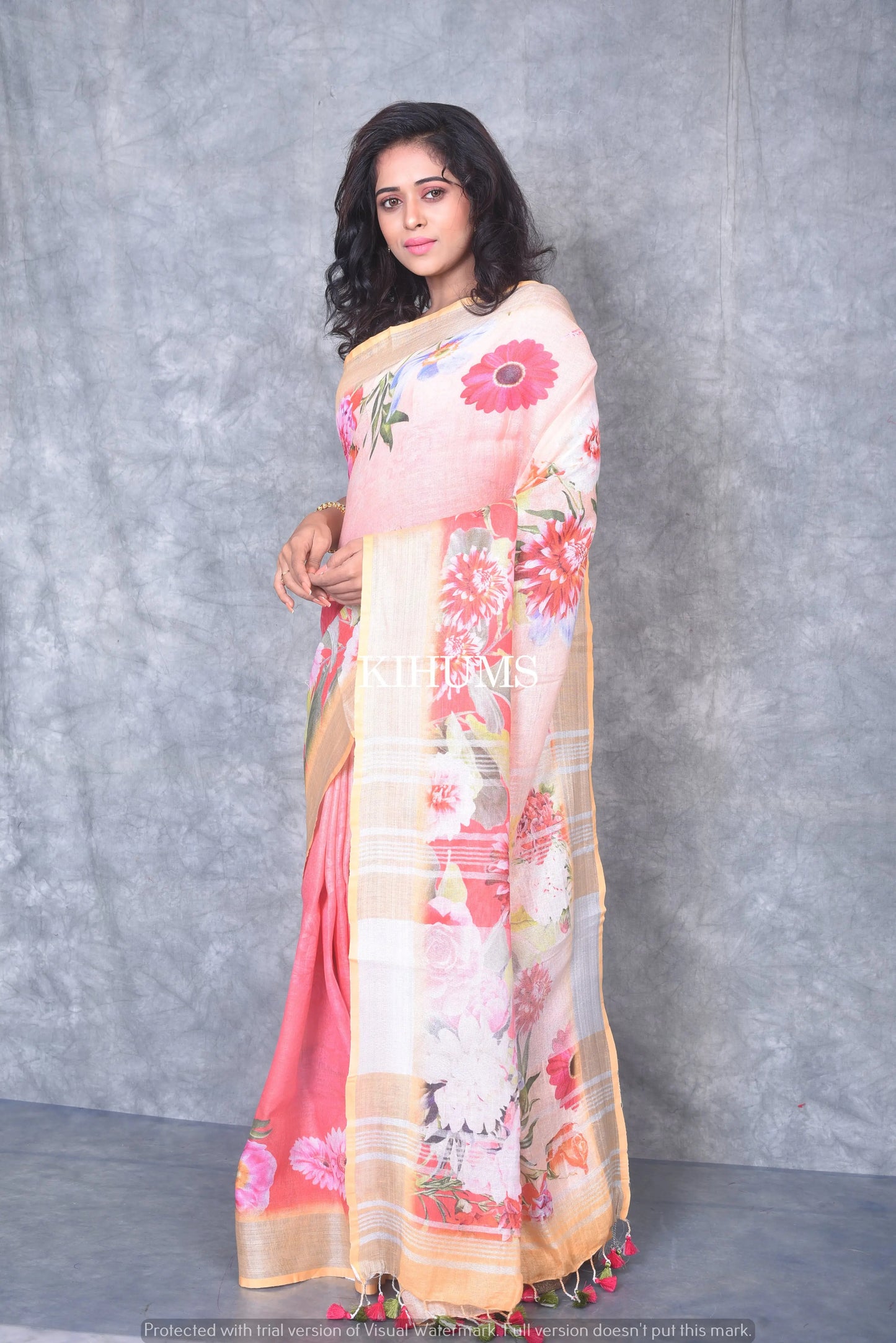 Multicolored Printed linen saree I Cintrast Silver Zari Border I Handwoven Saree I Pretty Sari | KIHUMS Saree kihums clothing