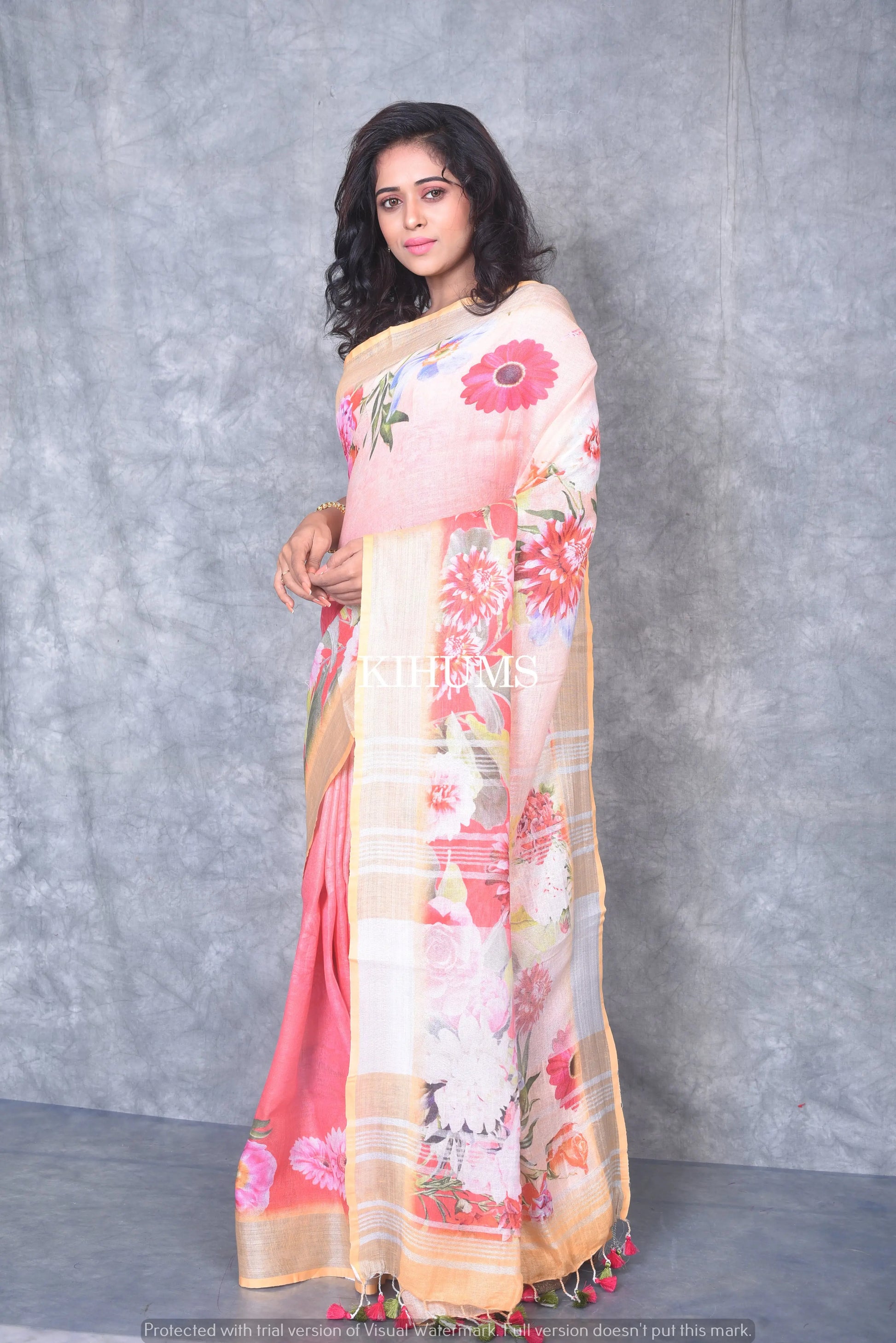 Multicolored Printed linen saree I Cintrast Silver Zari Border I Handwoven Saree I Pretty Sari | KIHUMS Saree kihums clothing