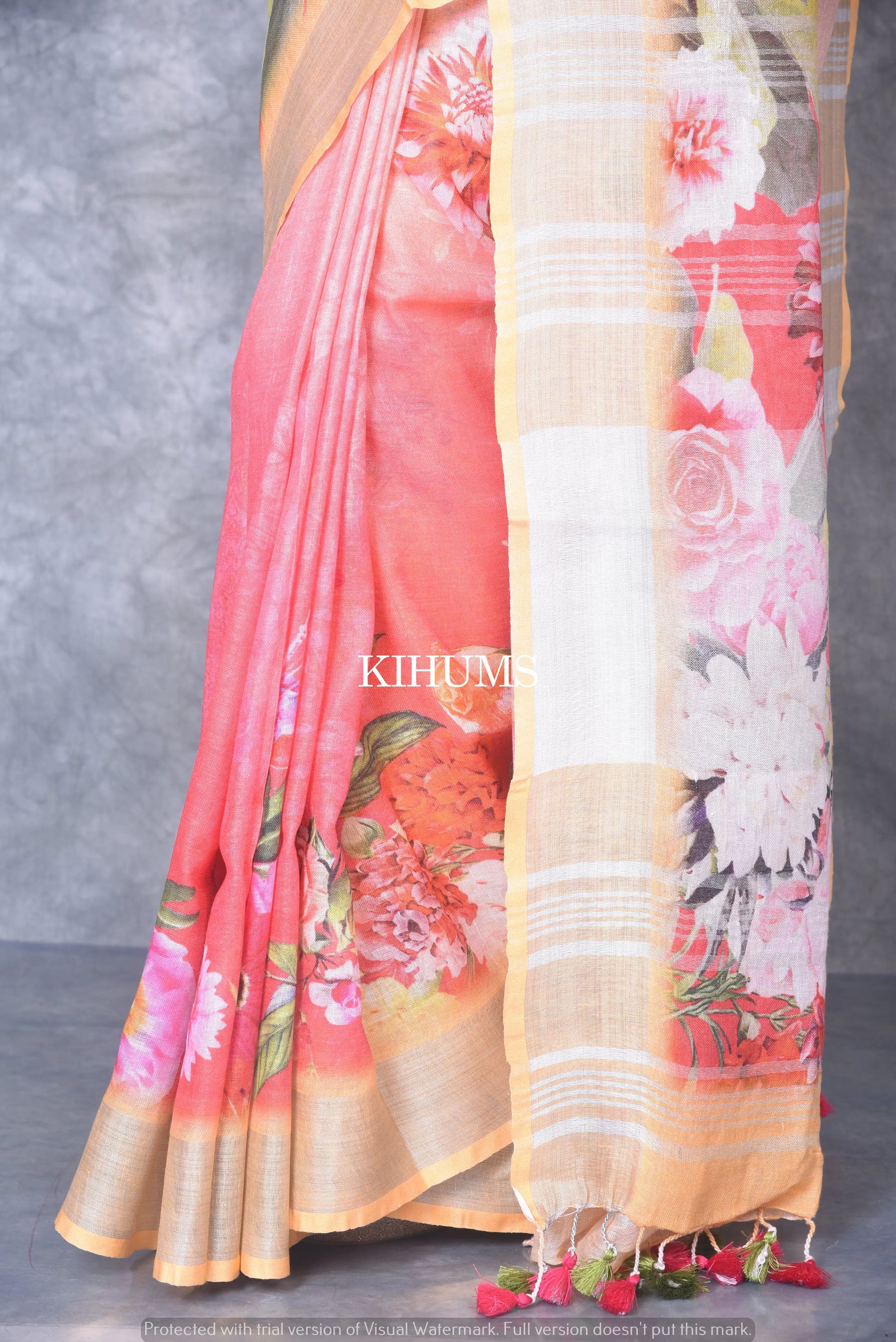 Multicolored Printed linen saree I Cintrast Silver Zari Border I Handwoven Saree I Pretty Sari | KIHUMS Saree kihums clothing