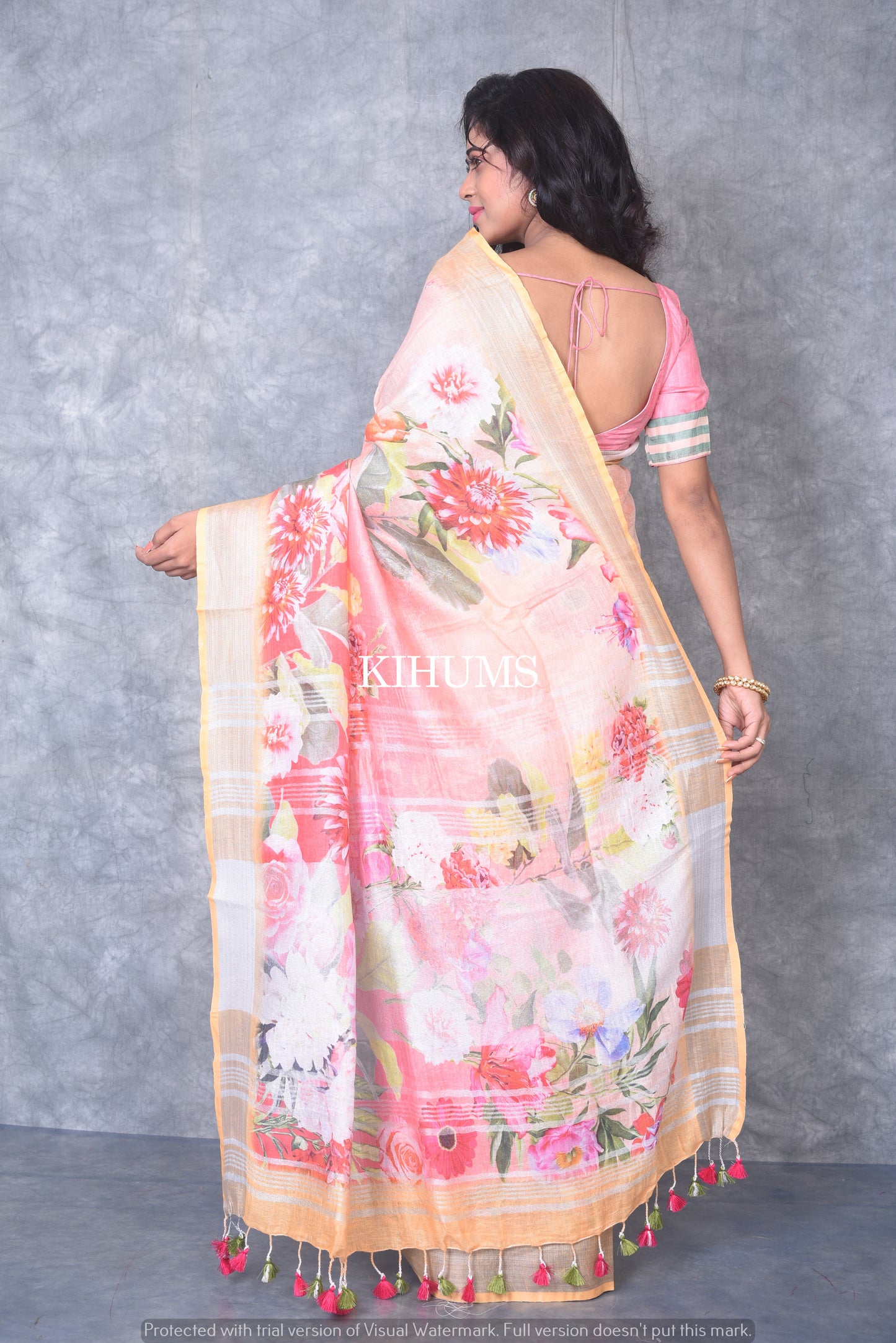 Multicolored Printed linen saree I Cintrast Silver Zari Border I Handwoven Saree I Pretty Sari | KIHUMS Saree