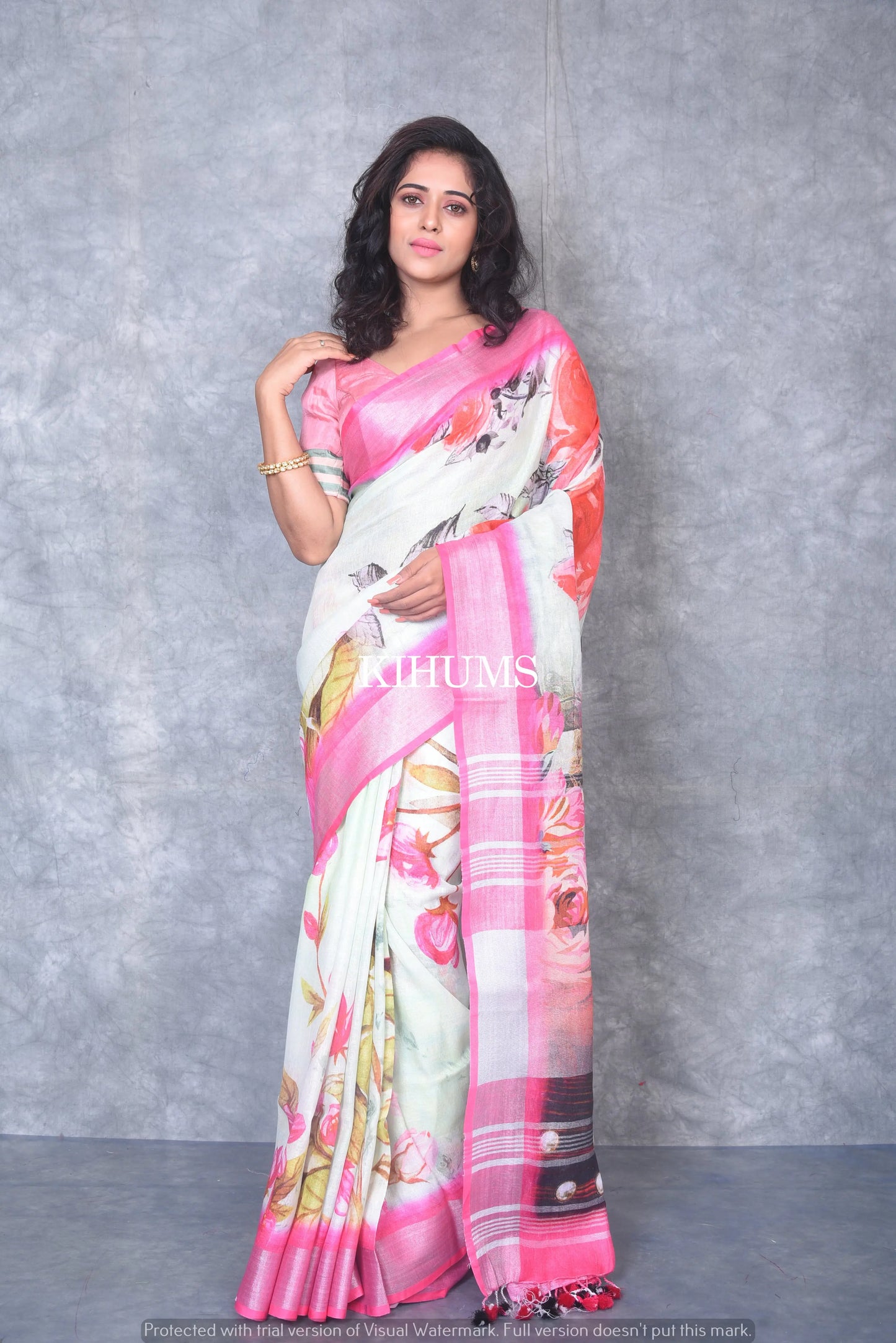 Multicolored Printed linen saree I Pink and Silver Zari Border I Handwoven Saree I Pretty Sari | KIHUMS Saree kihums clothing