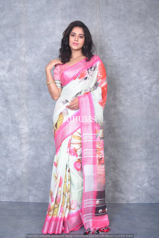 Multicolored Printed linen saree I Pink and Silver Zari Border I Handwoven Saree I Pretty Sari | KIHUMS Saree kihums clothing