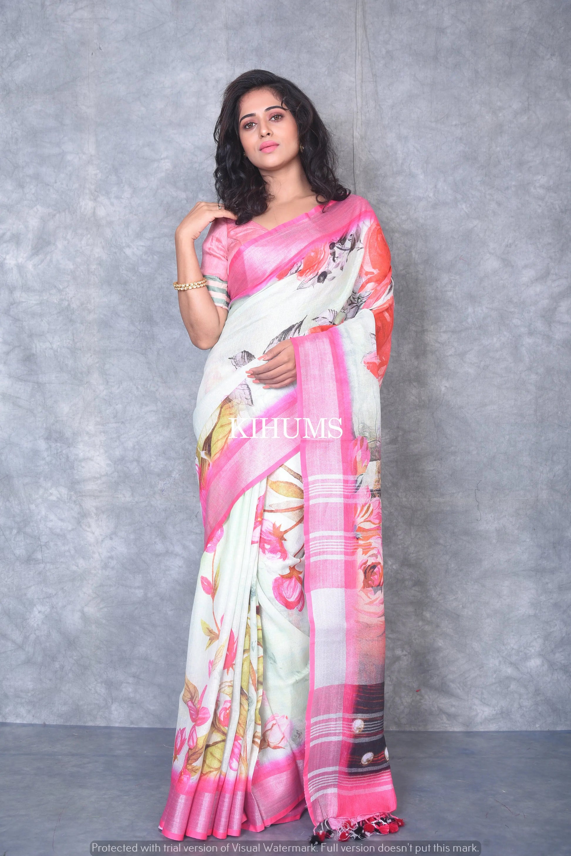 Multicolored Printed linen saree I Pink and Silver Zari Border I Handwoven Saree I Pretty Sari | KIHUMS Saree kihums clothing