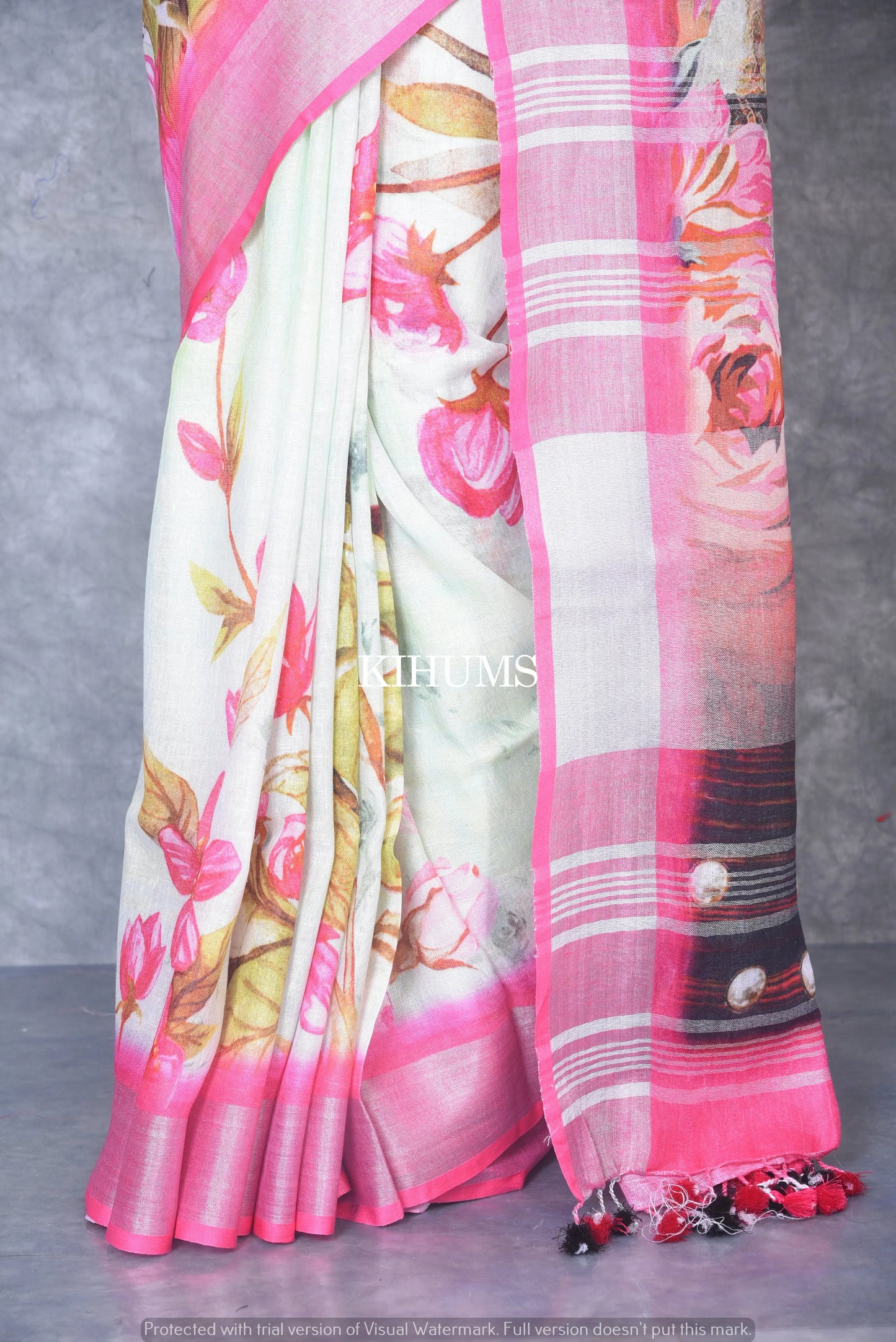 Multicolored Printed linen saree I Pink and Silver Zari Border I Handwoven Saree I Pretty Sari | KIHUMS Saree kihums clothing