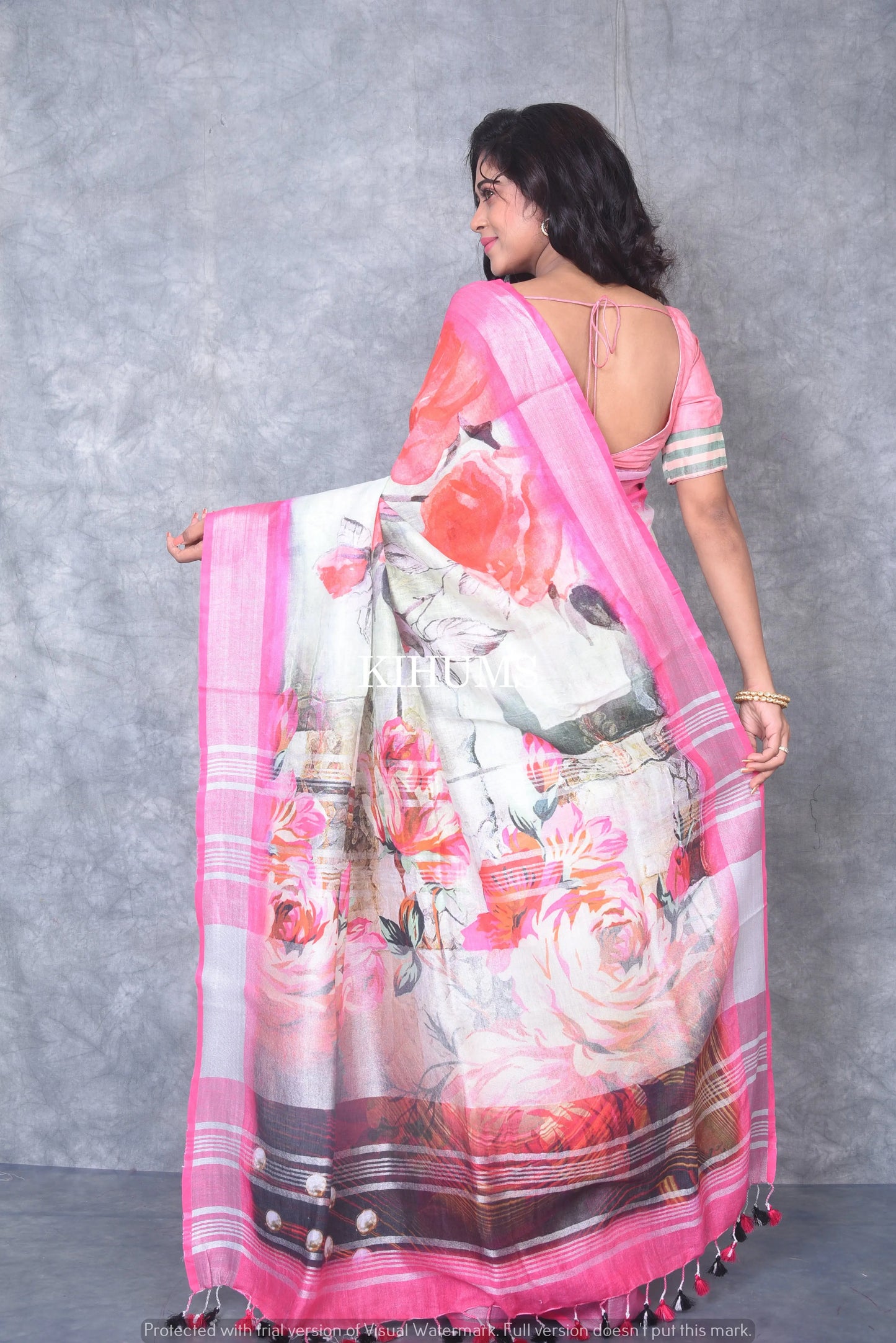 Multicolored Printed linen saree I Pink and Silver Zari Border I Handwoven Saree I Pretty Sari | KIHUMS Saree kihums clothing