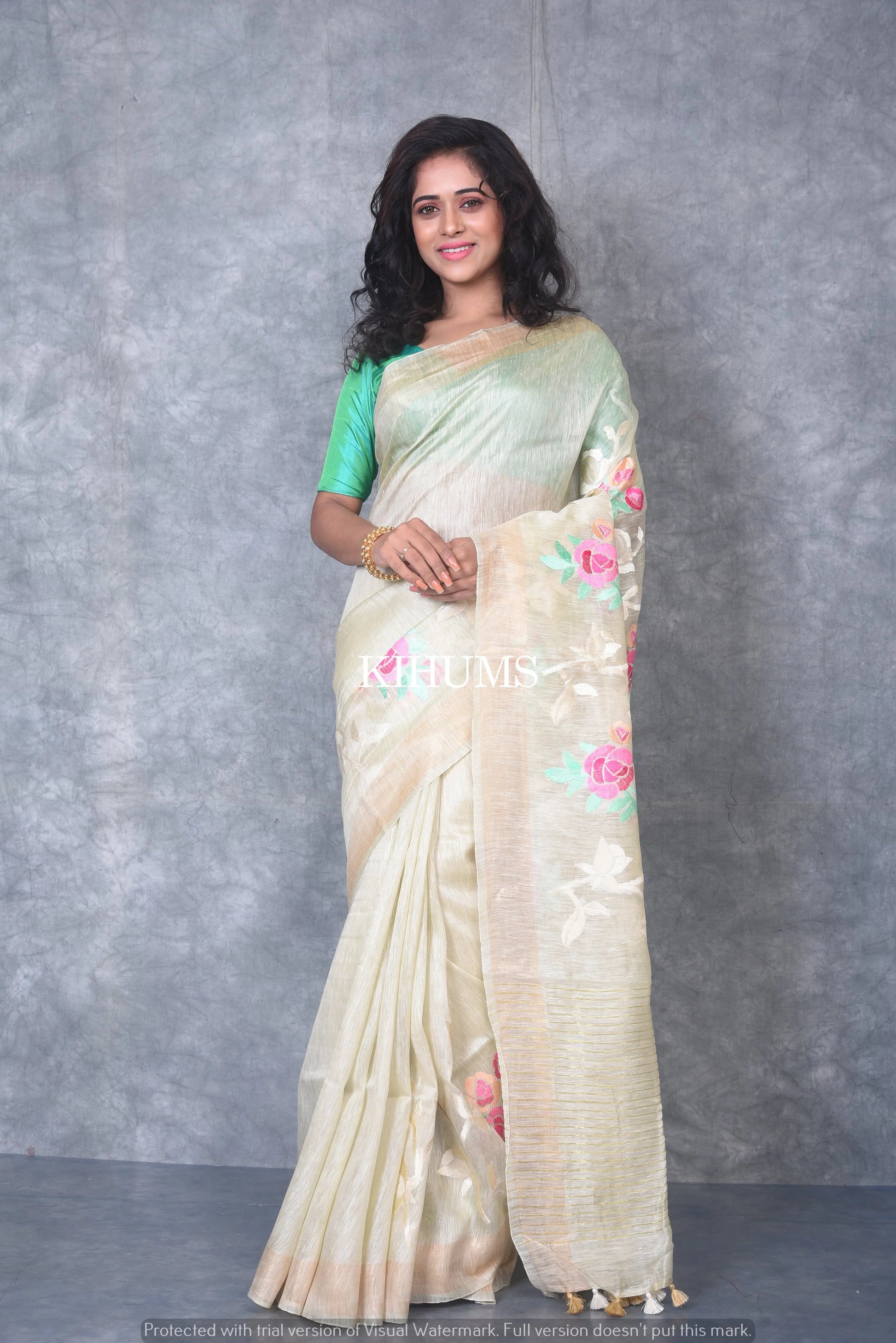Cream Silk Linen with Floral Embroidery | KIHUMS Saree kihums clothing