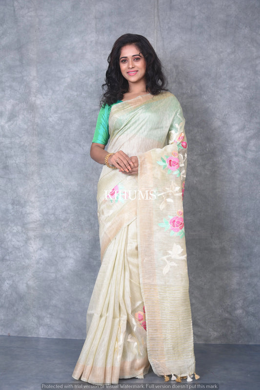 Cream Silk Linen with Floral Embroidery | KIHUMS Saree kihums clothing