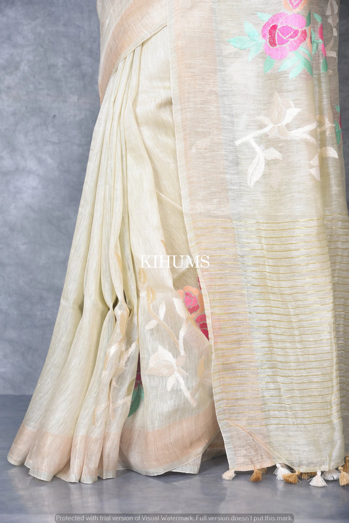 Cream Silk Linen with Floral Embroidery | KIHUMS Saree kihums clothing