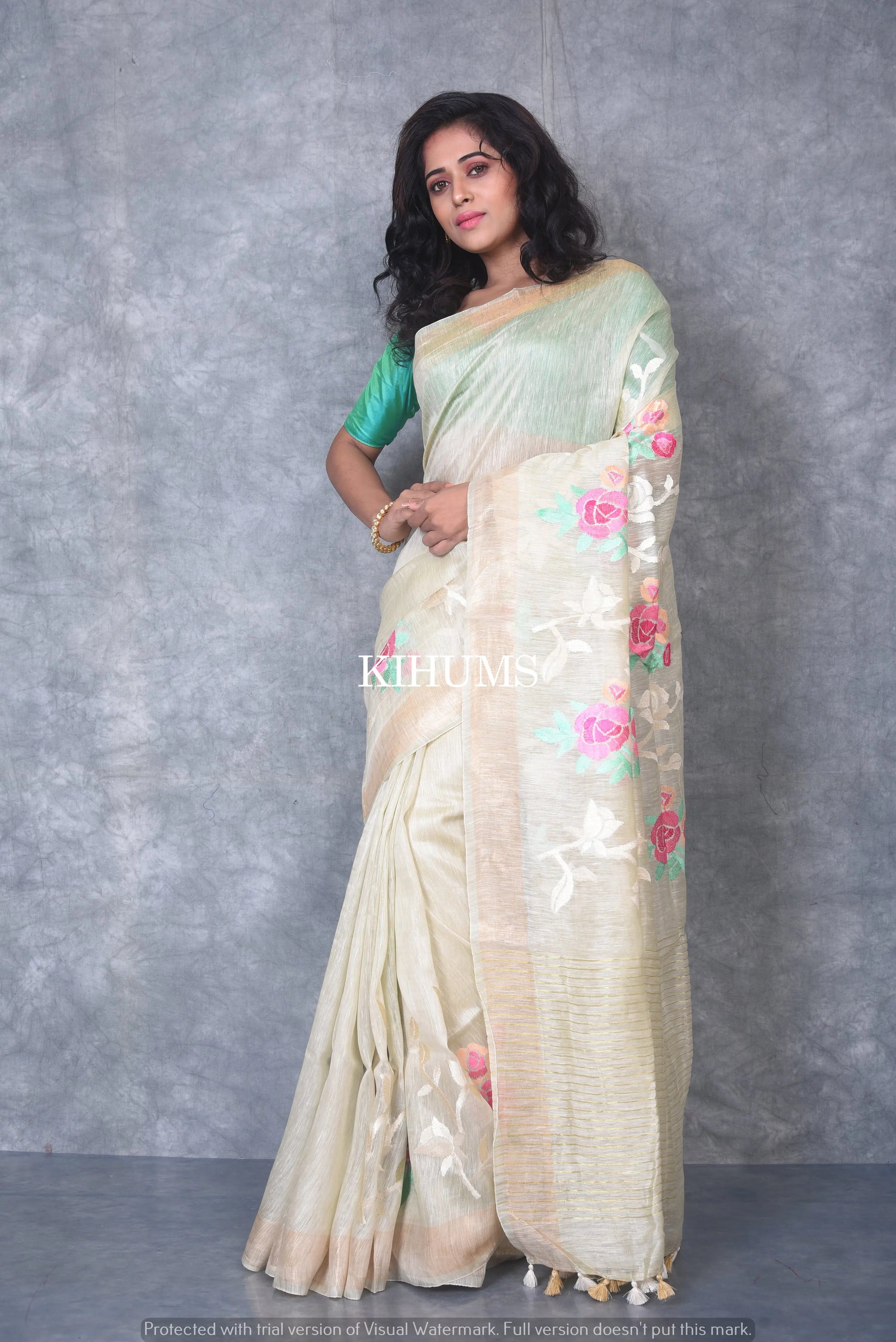 Cream Silk Linen with Floral Embroidery | KIHUMS Saree kihums clothing