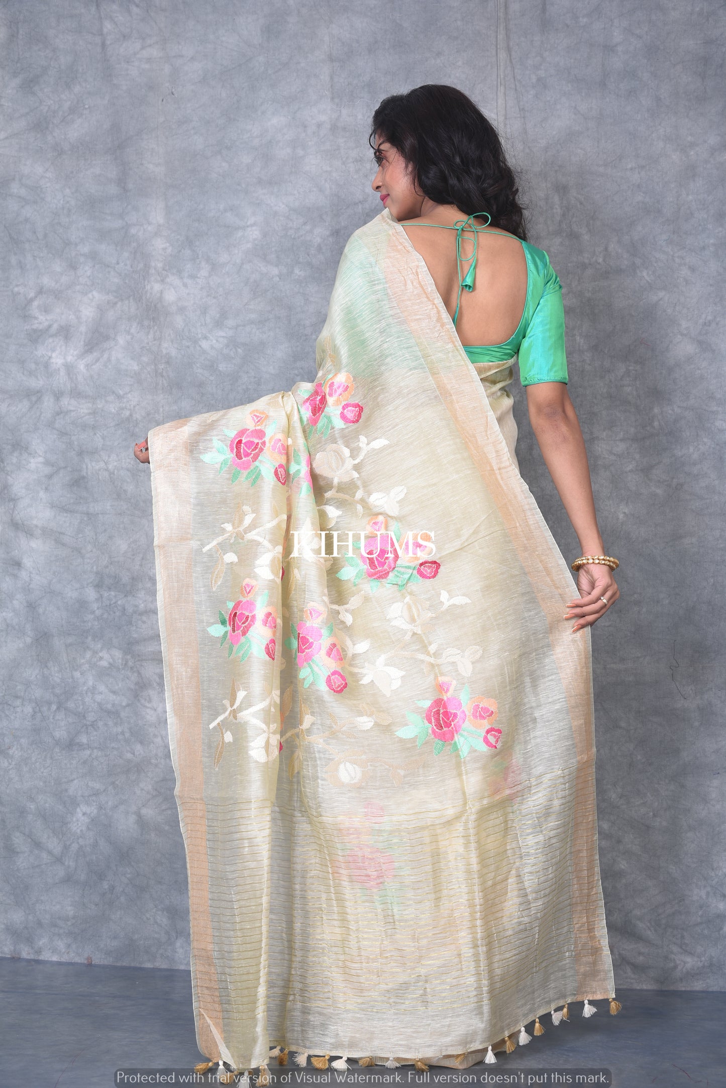 Cream Silk Linen with Floral Embroidery | KIHUMS Saree