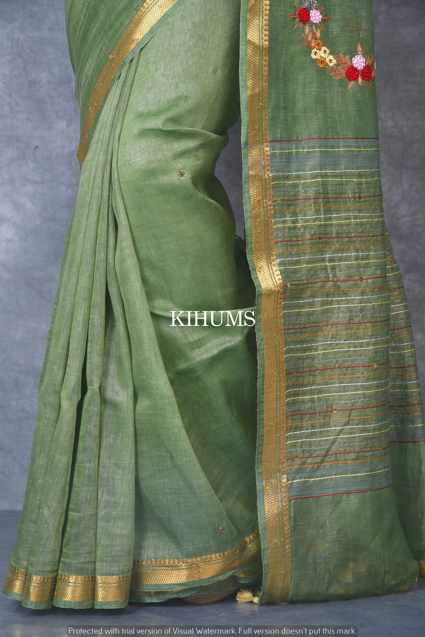 Silk Linen with hand embroidery Saree - Olive Green linen silk | KIHUMS saree kihums clothing