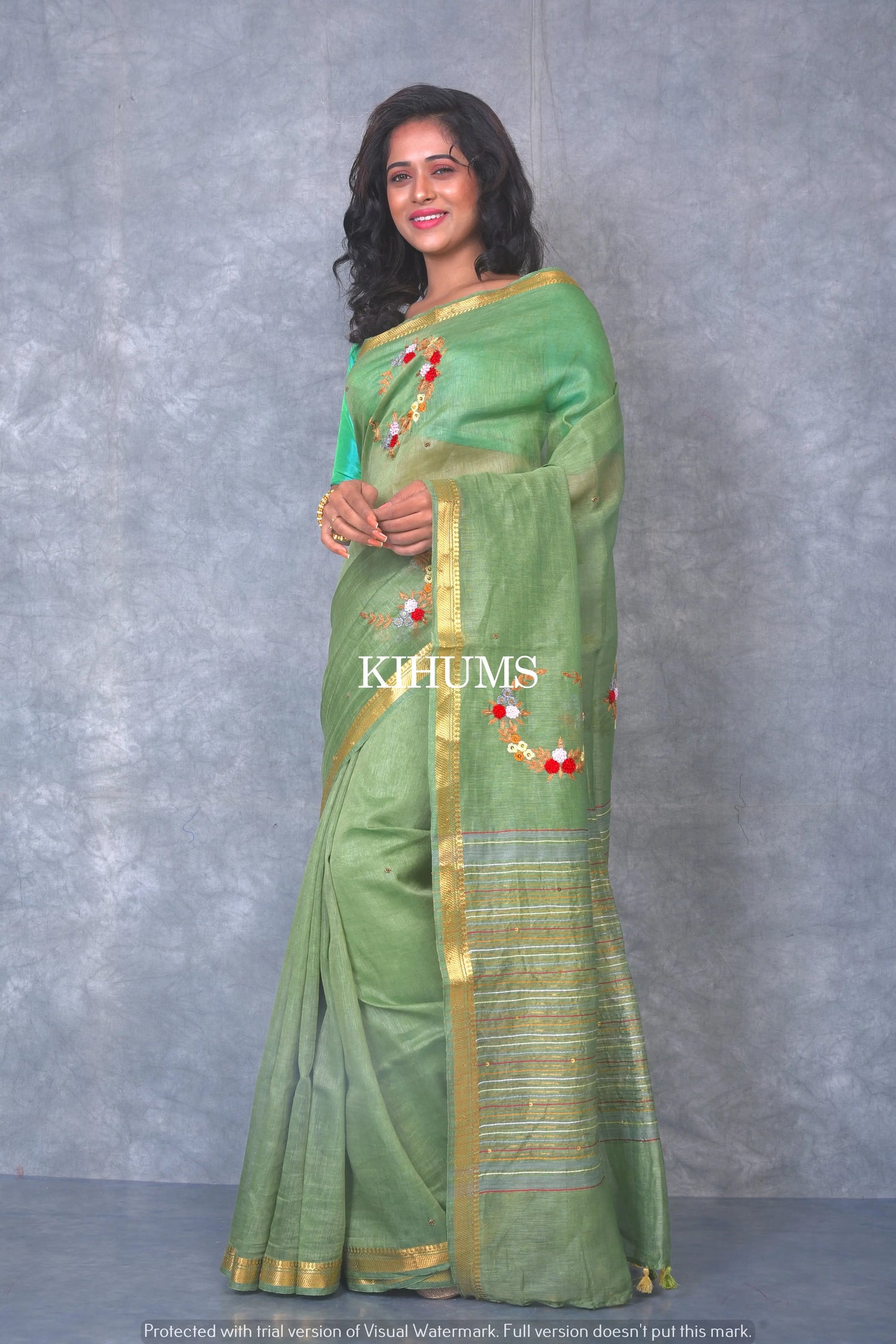 Silk Linen with hand embroidery Saree - Olive Green linen silk | KIHUMS saree kihums clothing