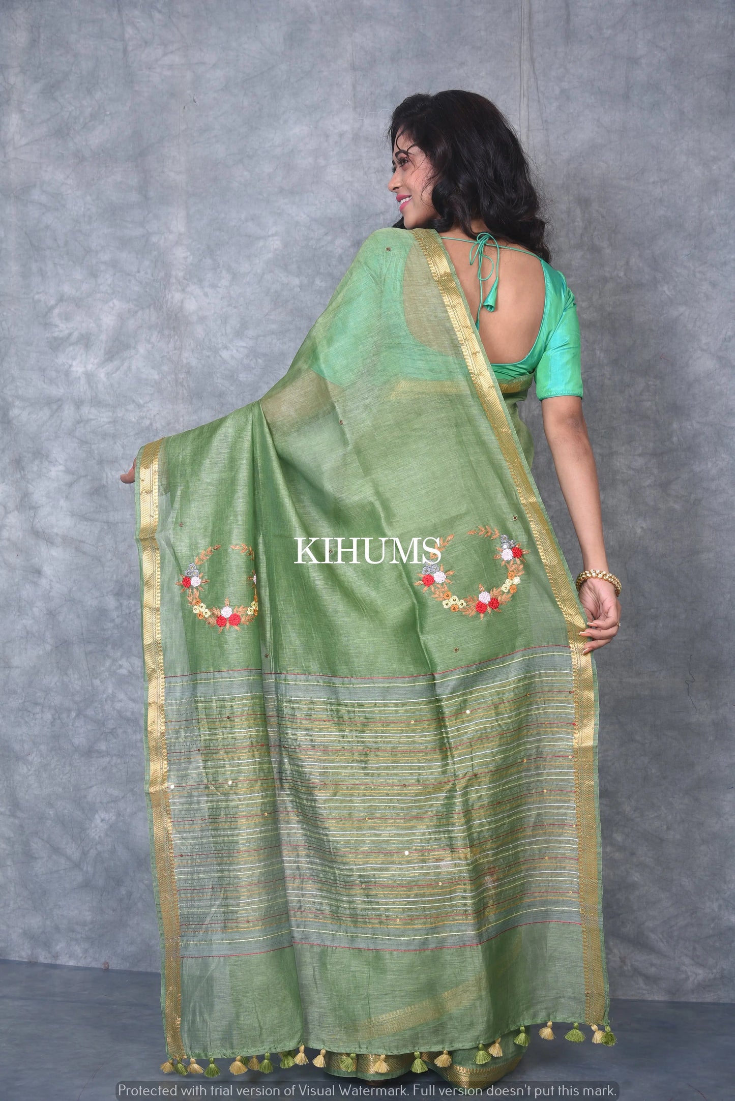 Silk Linen with hand embroidery Saree - Olive Green linen silk | KIHUMS saree kihums clothing