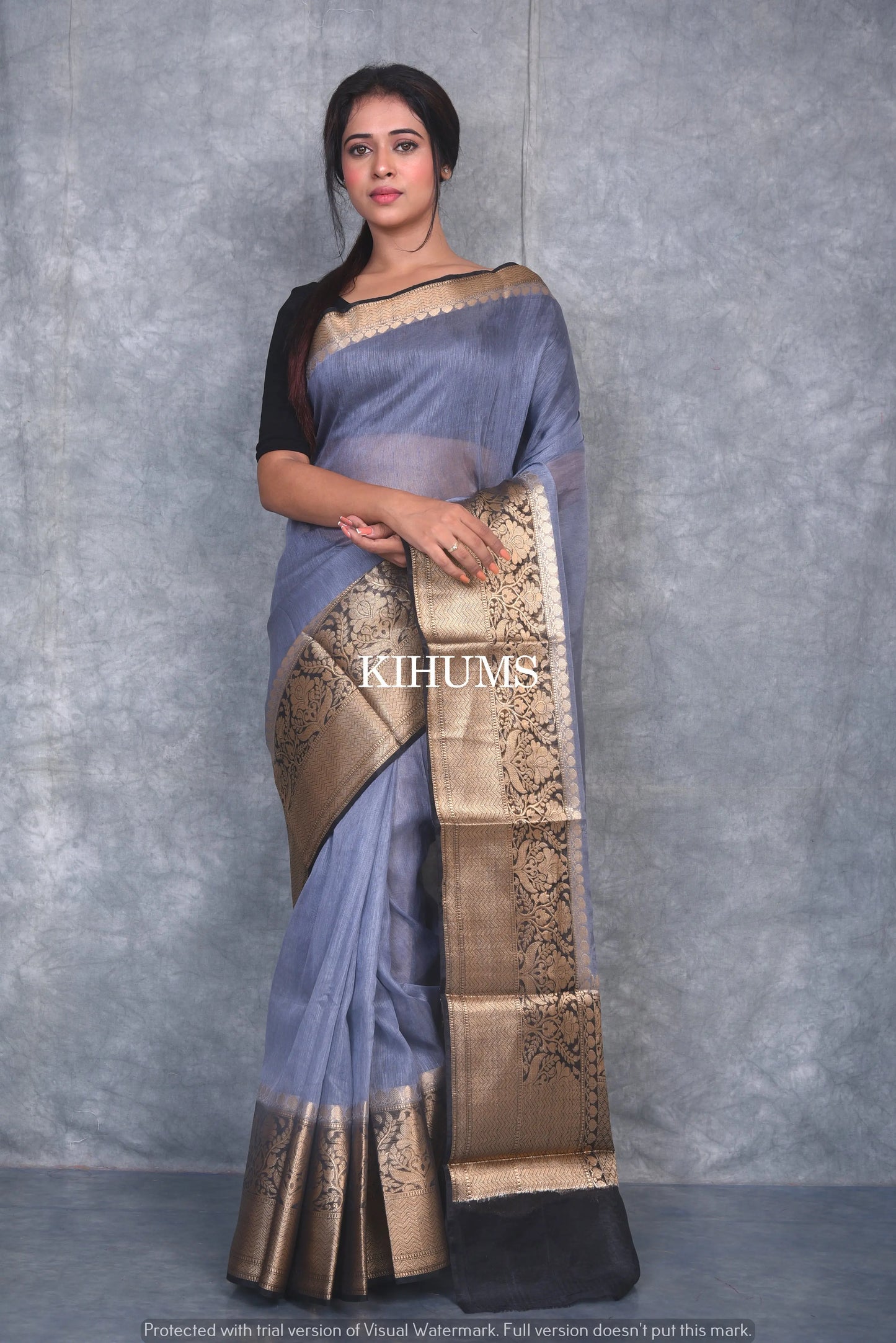 Banarasi Silk Linen Saree | Black and Gold Zari Border | Grey Body | KIHUMS Saree kihums clothing