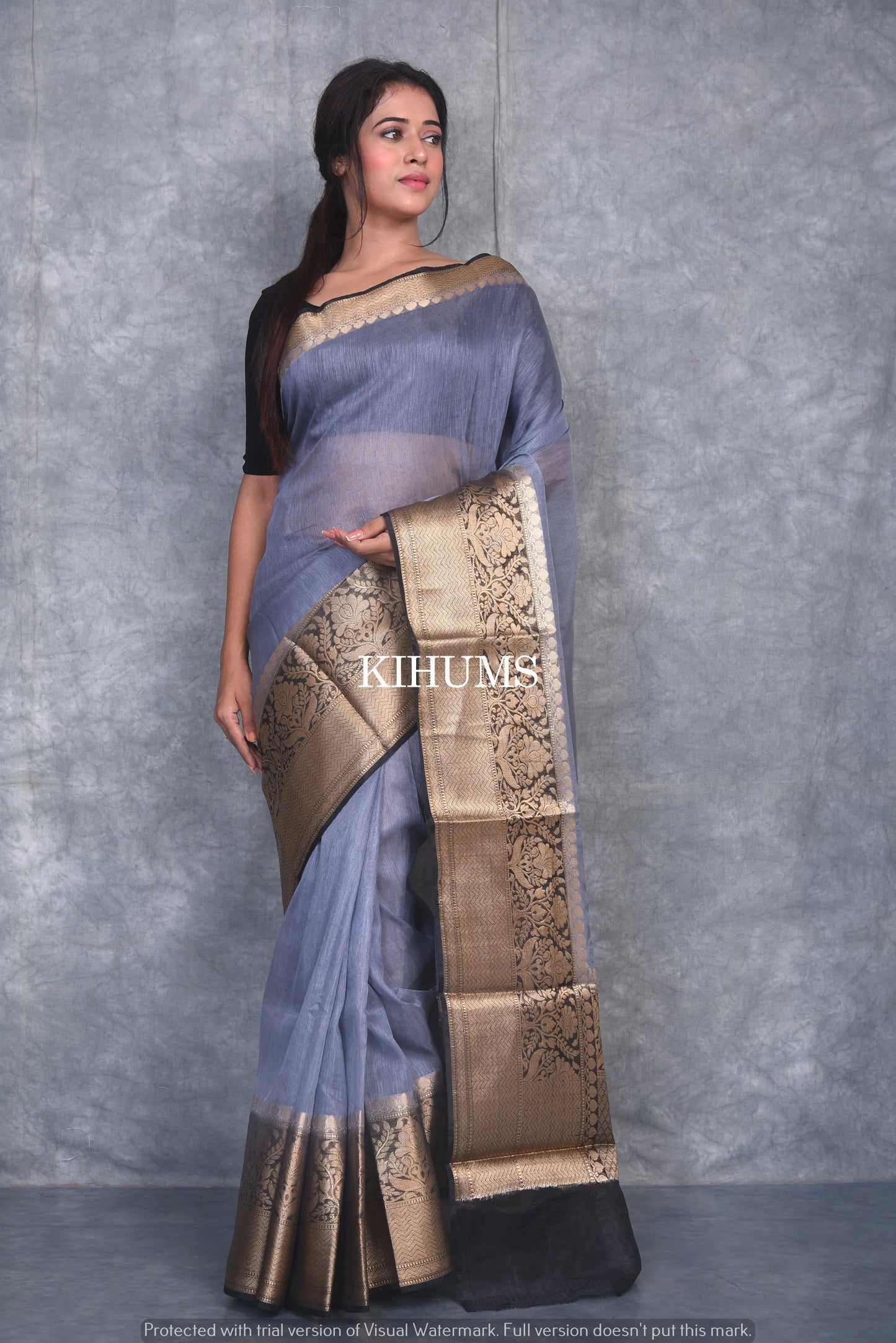 Banarasi Silk Linen Saree | Black and Gold Zari Border | Grey Body | KIHUMS Saree kihums clothing