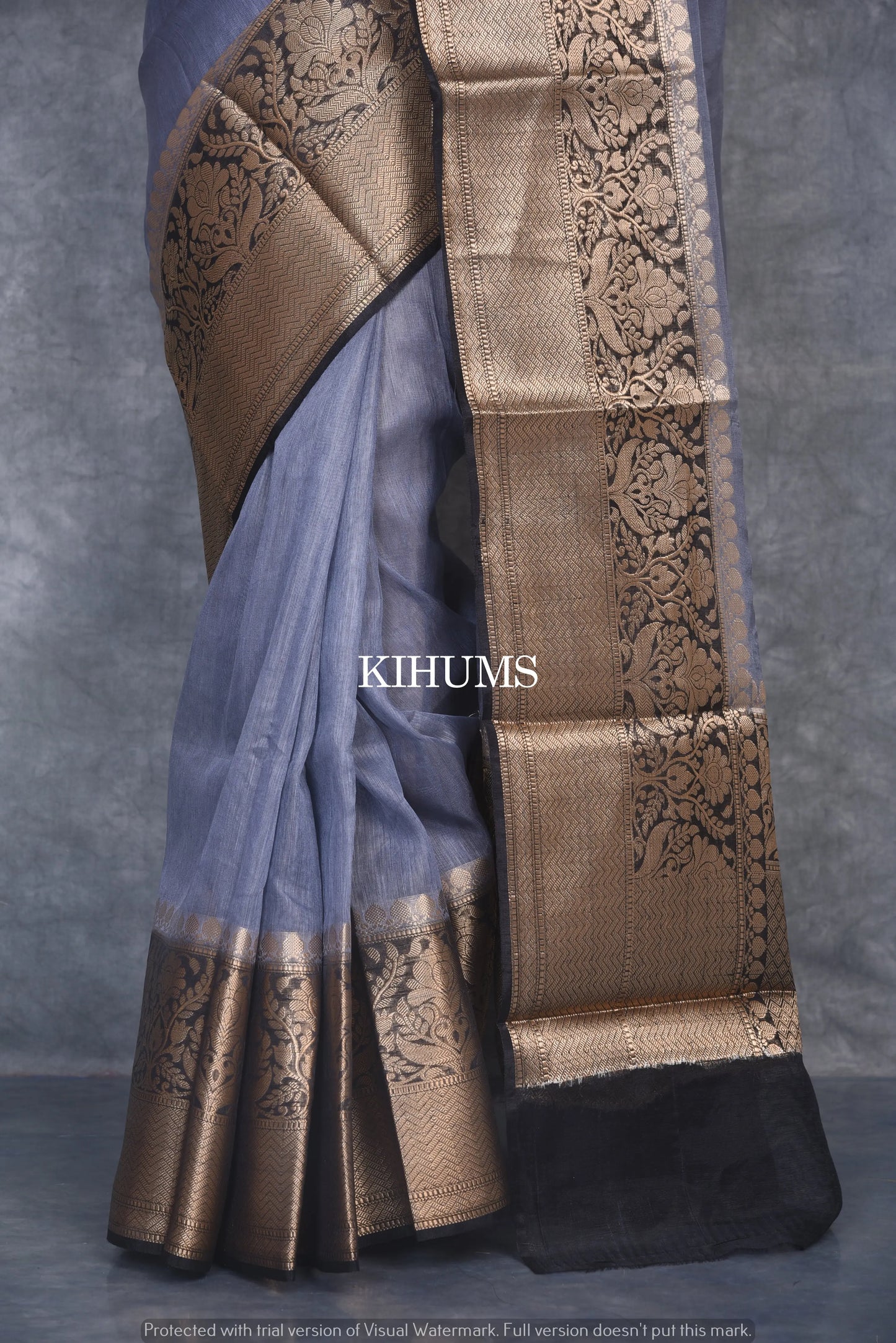 Banarasi Silk Linen Saree | Black and Gold Zari Border | Grey Body | KIHUMS Saree kihums clothing