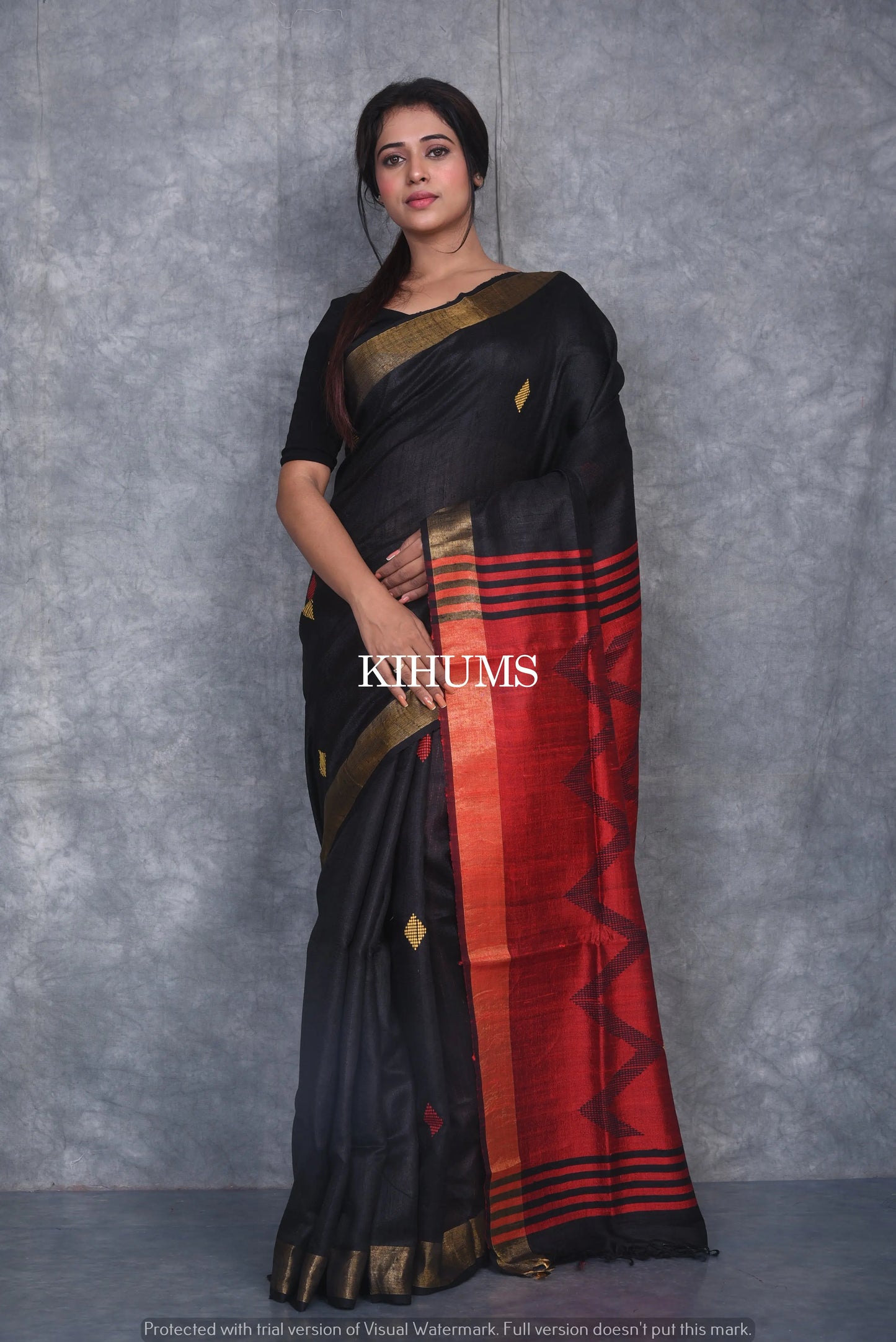 Black Shade Handwoven Tussar Dupion Raw Silk Saree | KIHUMS Saree kihums clothing