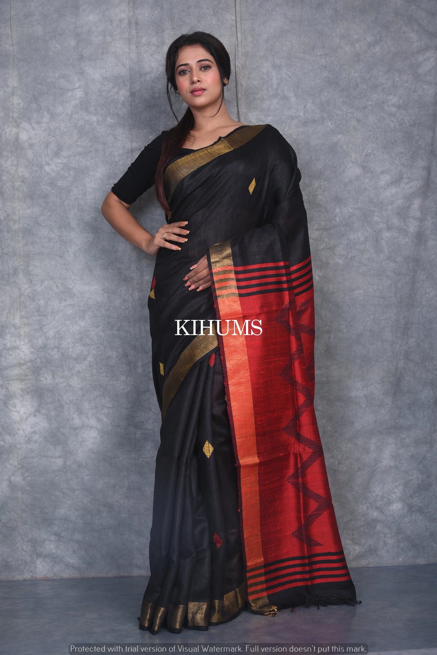 Black Shade Handwoven Tussar Dupion Raw Silk Saree | KIHUMS Saree kihums clothing