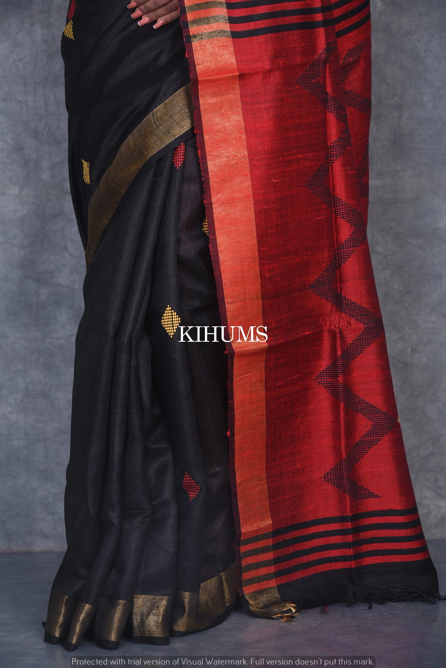 Black Shade Handwoven Tussar Dupion Raw Silk Saree | KIHUMS Saree kihums clothing