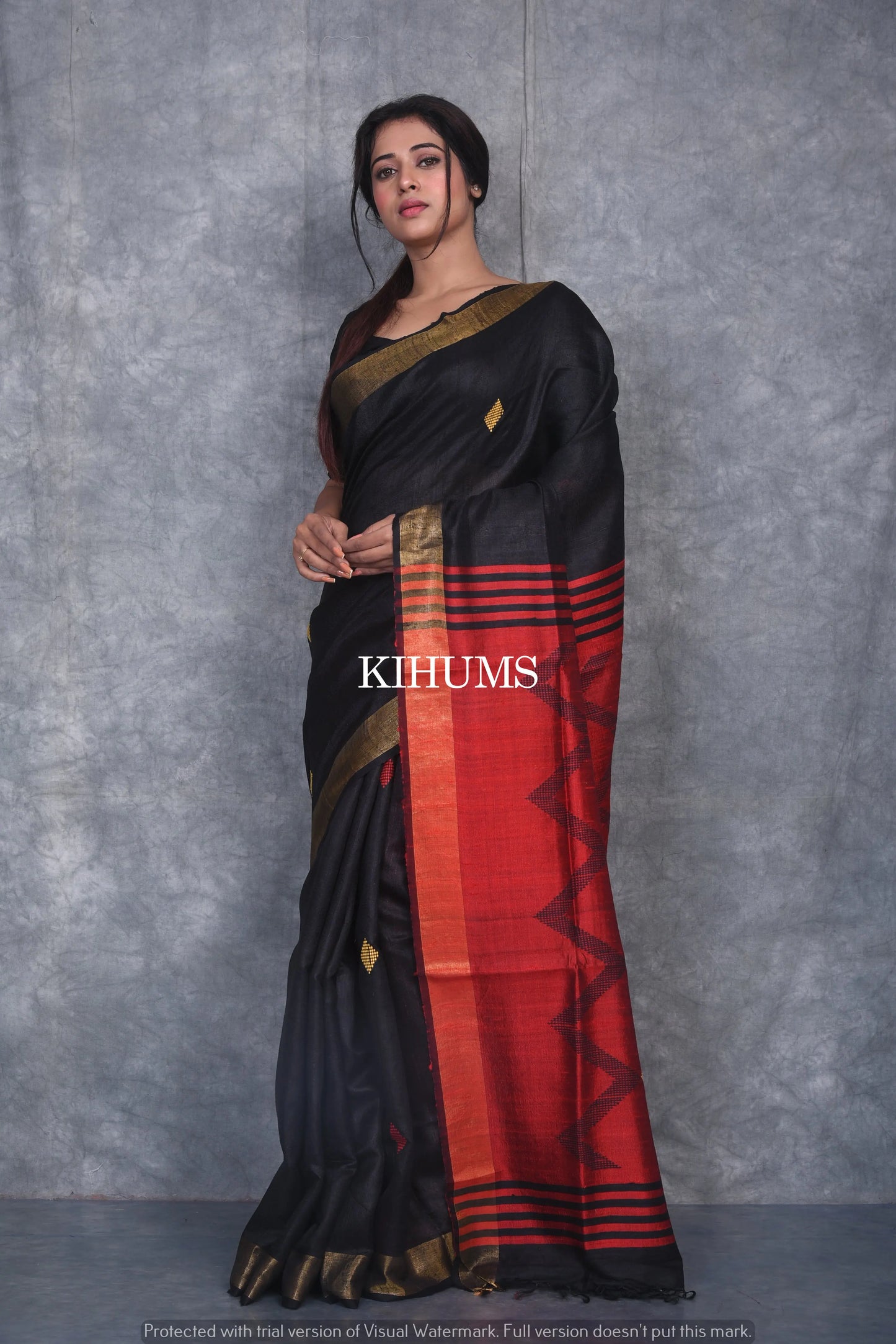 Black Shade Handwoven Tussar Dupion Raw Silk Saree | KIHUMS Saree kihums clothing
