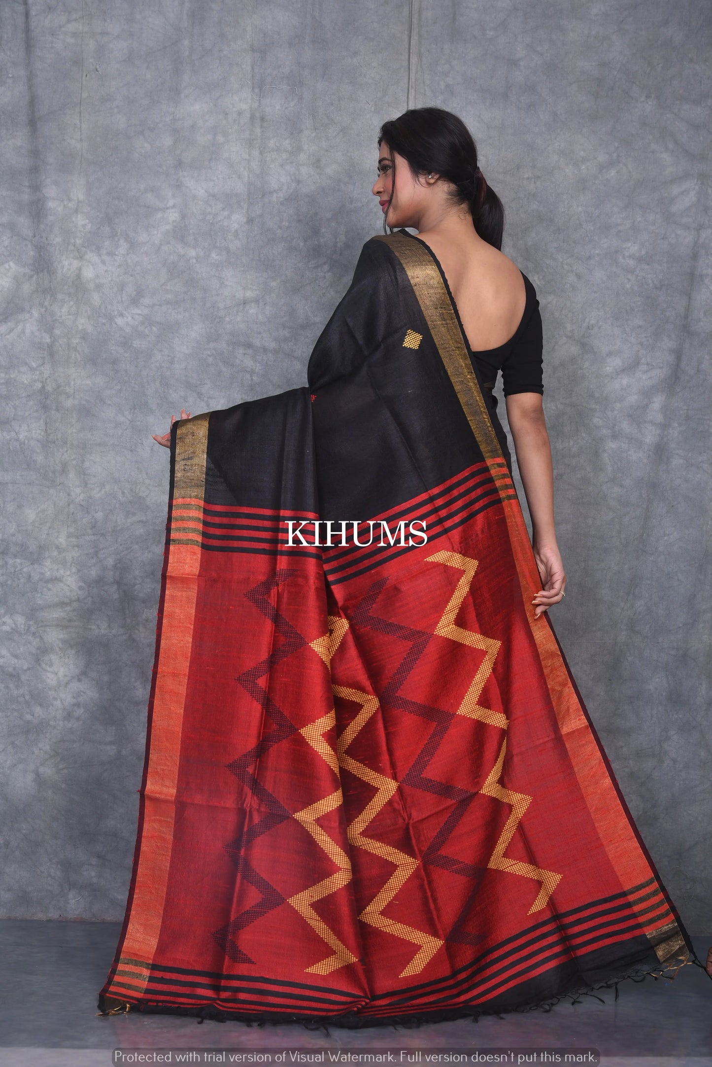 Black Shade Handwoven Tussar Dupion Raw Silk Saree | KIHUMS Saree kihums clothing