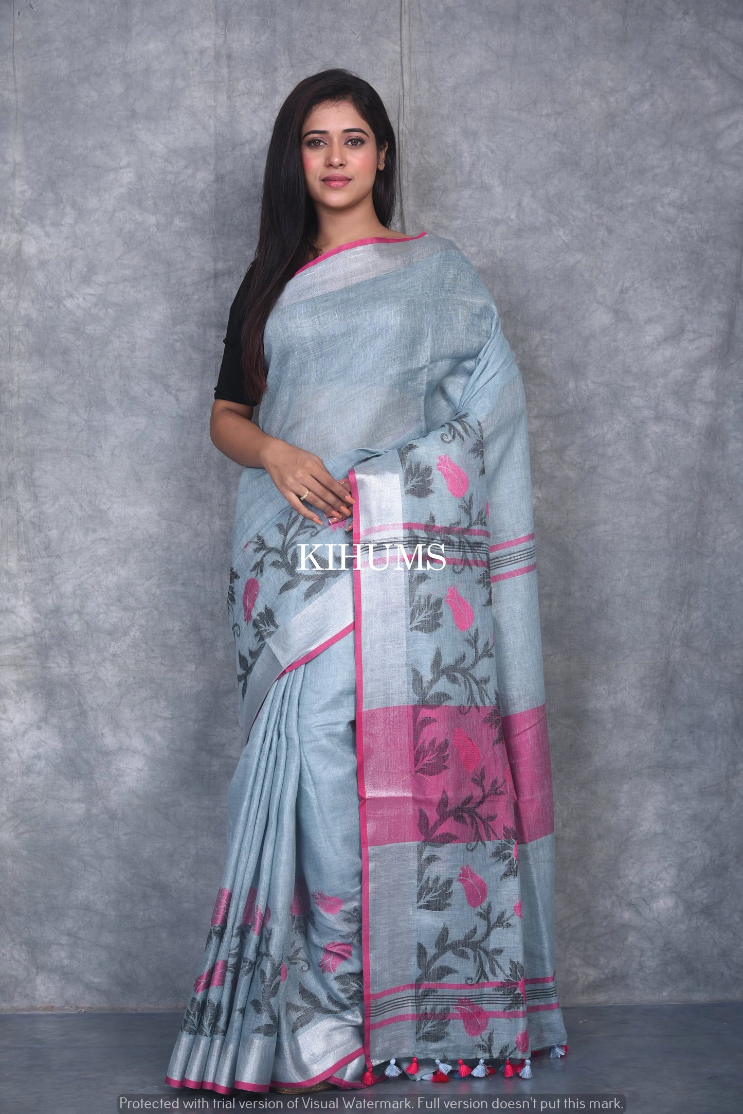 Cool Grey Shade Pure Linen Saree | Thread Woven Floral Design | Silver Zari borders | KIHUMS Saree kihums clothing