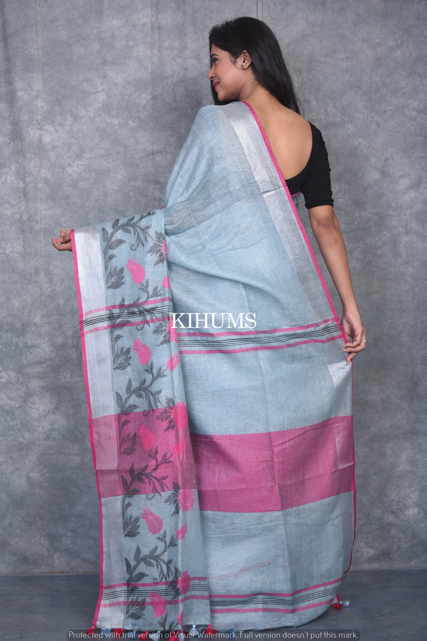 Cool Grey Shade Pure Linen Saree | Thread Woven Floral Design | Silver Zari borders | KIHUMS Saree kihums clothing