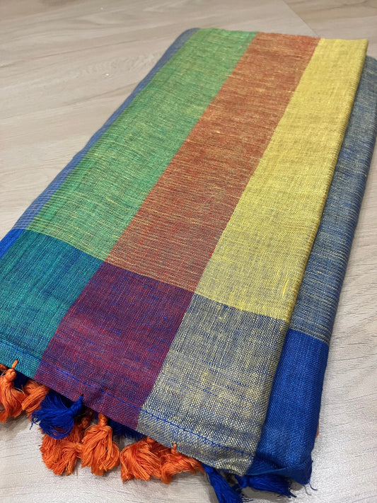 Multicolor Handwoven organic Linen Saree with Gold Zari woven| KIHUMS Saree kihums clothing