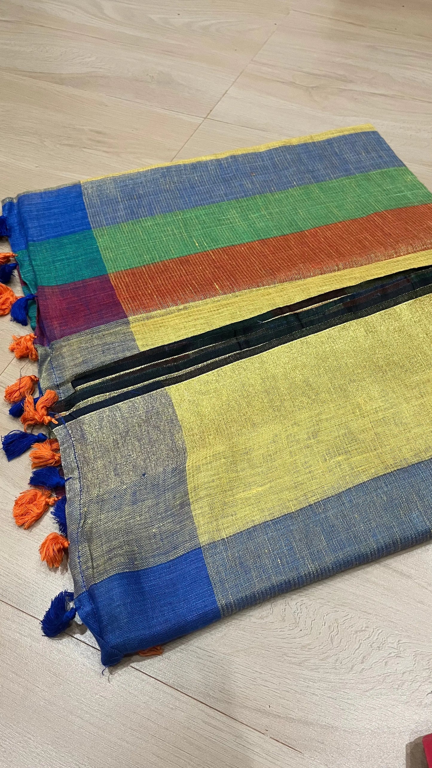 Multicolor Handwoven organic Linen Saree with Gold Zari woven| KIHUMS Saree kihums clothing