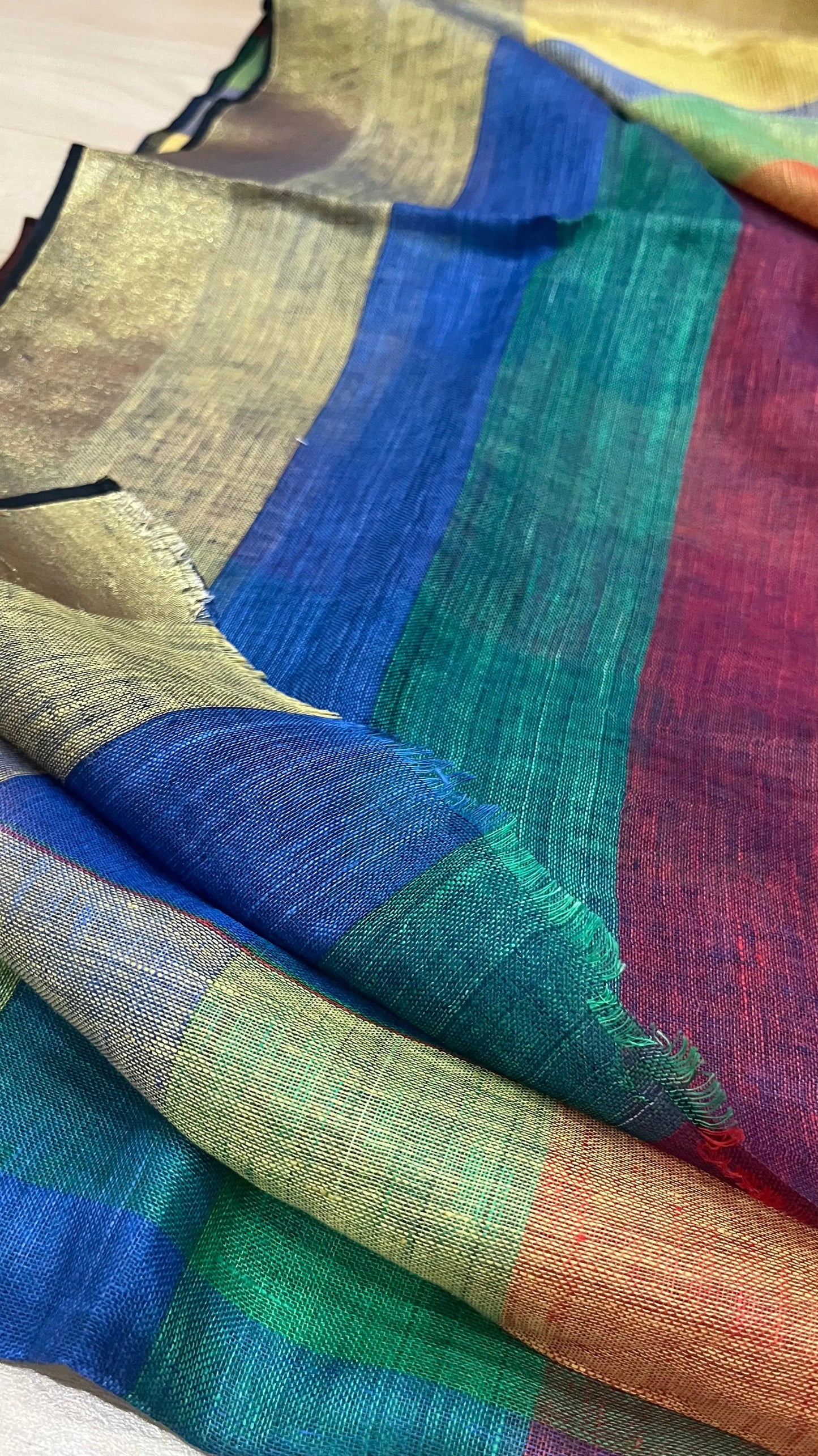 Multicolor Handwoven organic Linen Saree with Gold Zari woven| KIHUMS Saree kihums clothing