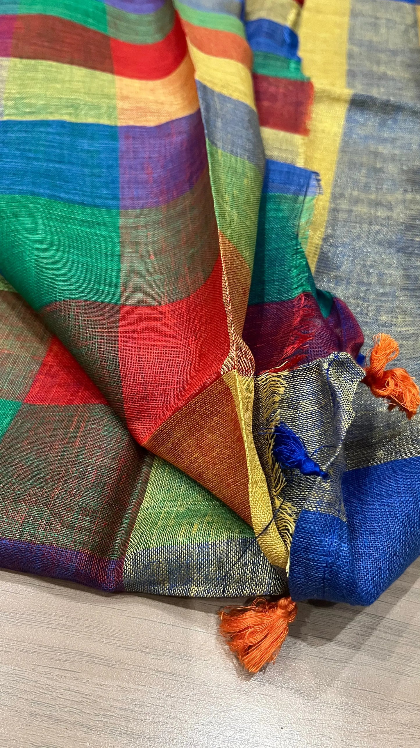 Multicolor Handwoven organic Linen Saree with Gold Zari woven| KIHUMS Saree kihums clothing