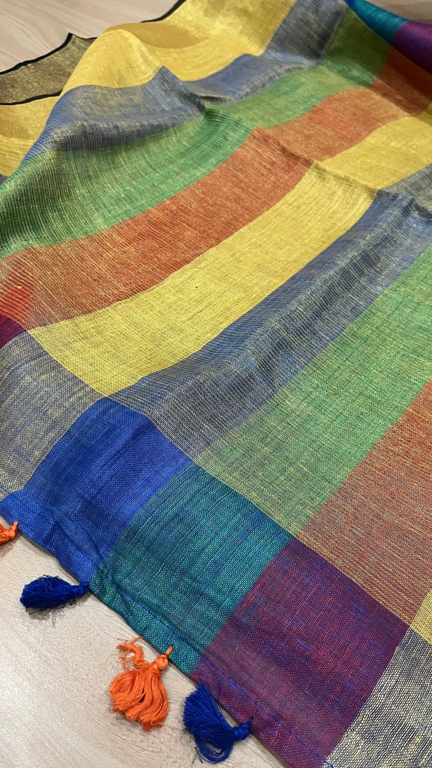 Multicolor Handwoven organic Linen Saree with Gold Zari woven| KIHUMS Saree kihums clothing