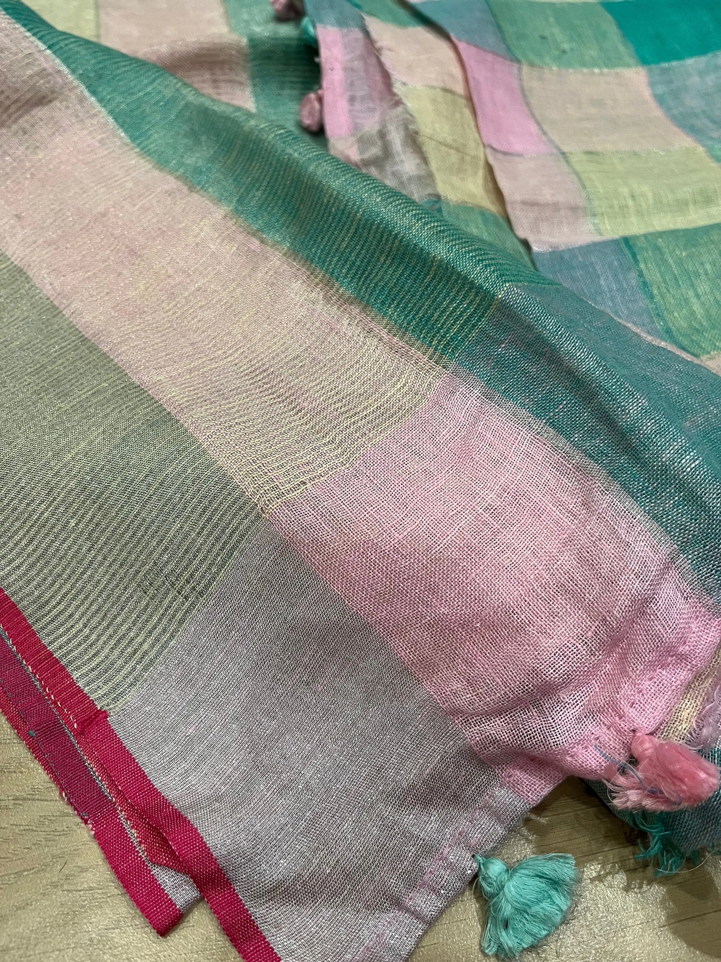 Pastel shade Multicolor Handwoven organic Linen Saree with Gold Zari woven| KIHUMS Saree kihums clothing