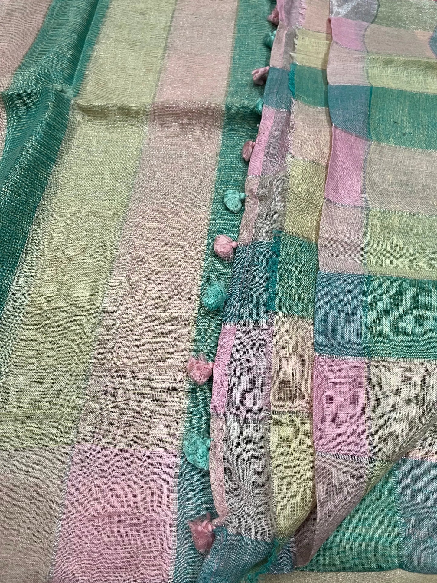 Pastel shade Multicolor Handwoven organic Linen Saree with Gold Zari woven| KIHUMS Saree kihums clothing