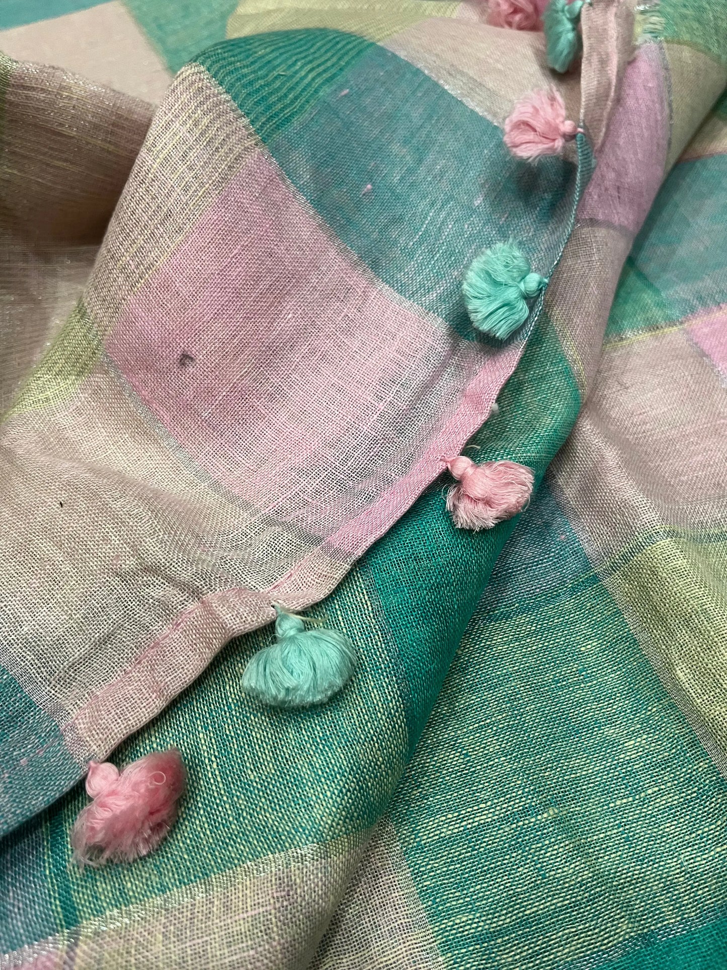 Pastel shade Multicolor Handwoven organic Linen Saree with Gold Zari woven| KIHUMS Saree kihums clothing