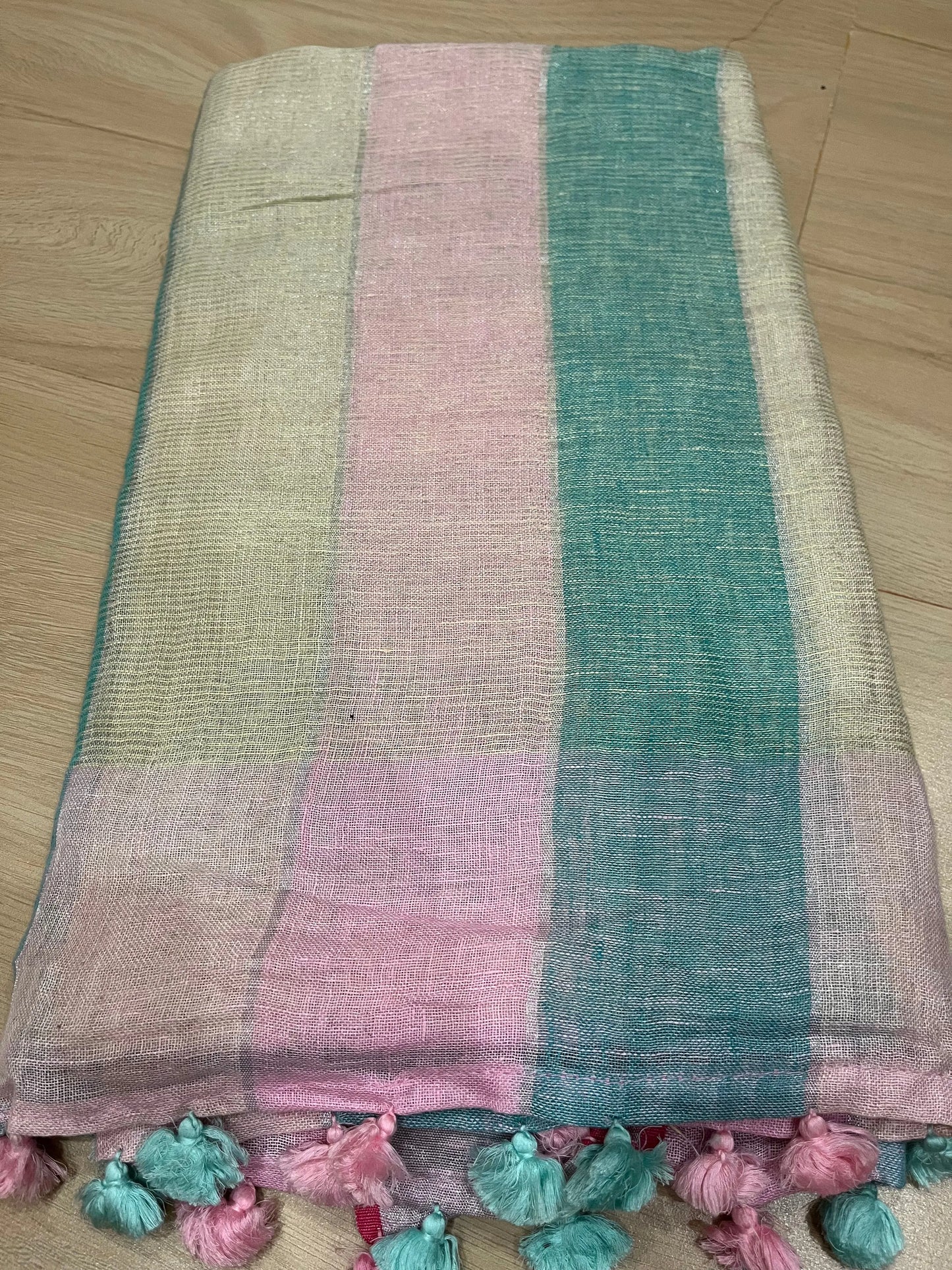 Pastel shade Multicolor Handwoven organic Linen Saree with Gold Zari woven| KIHUMS Saree kihums clothing