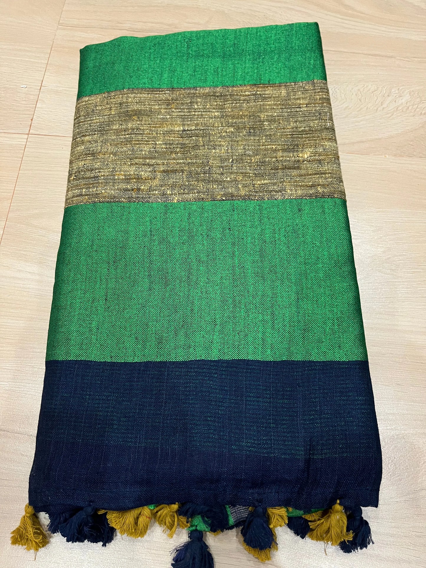 Dark Blue Handwoven organic Linen Saree | Dual shade temple border | KIHUMS Saree kihums clothing