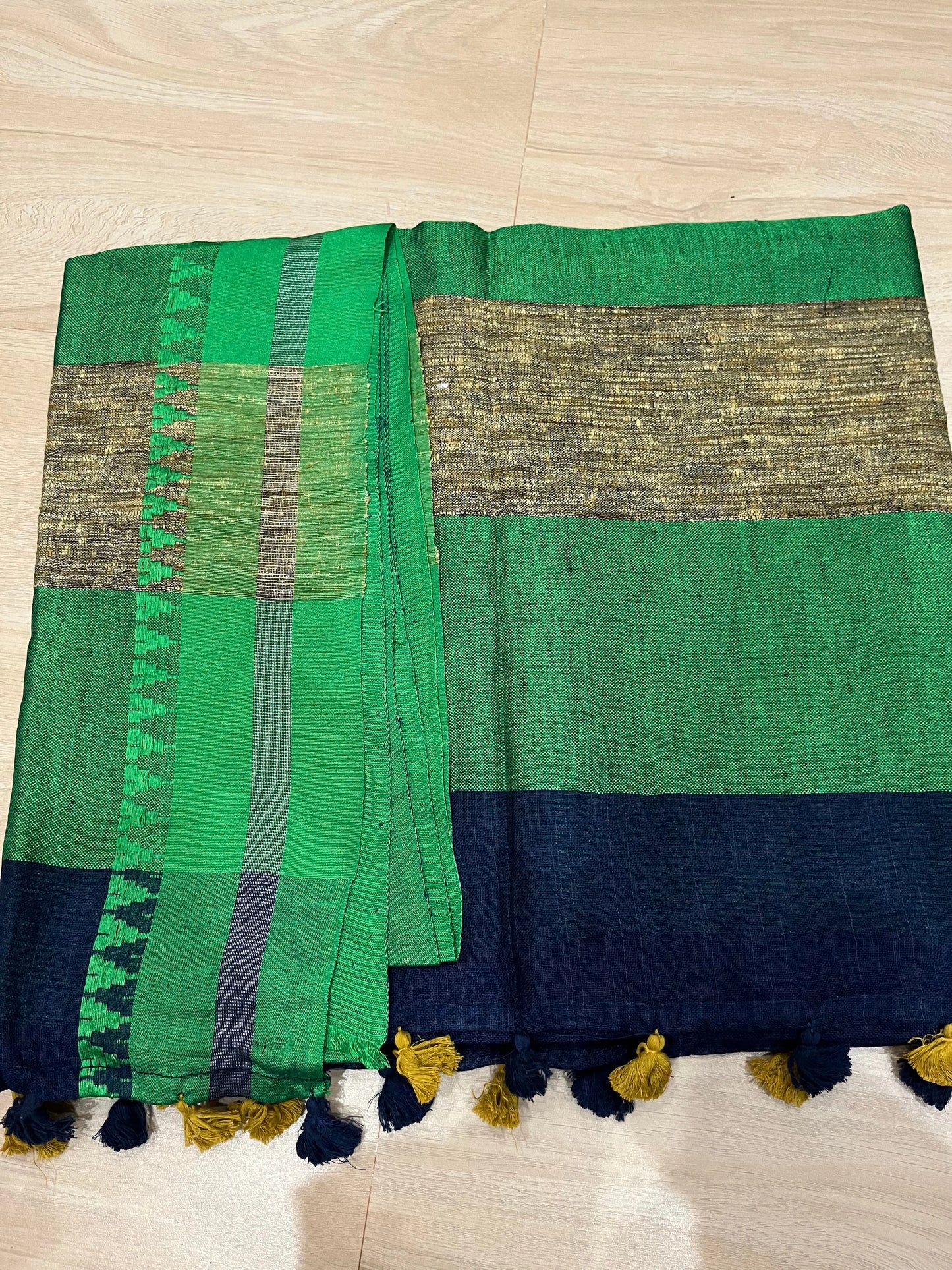 Dark Blue Handwoven organic Linen Saree | Dual shade temple border | KIHUMS Saree kihums clothing