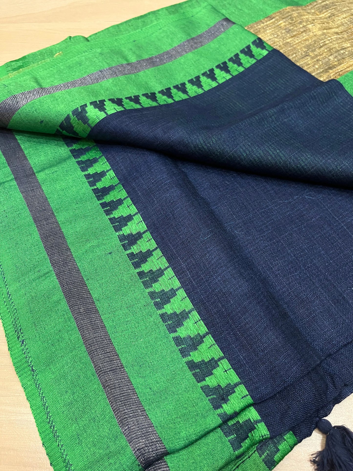 Dark Blue Handwoven organic Linen Saree | Dual shade temple border | KIHUMS Saree kihums clothing