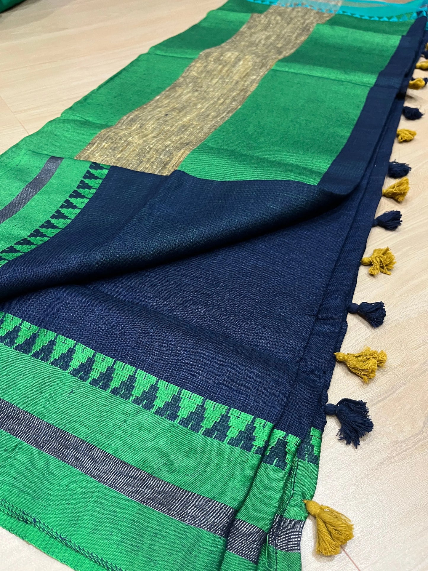Dark Blue Handwoven organic Linen Saree | Dual shade temple border | KIHUMS Saree kihums clothing