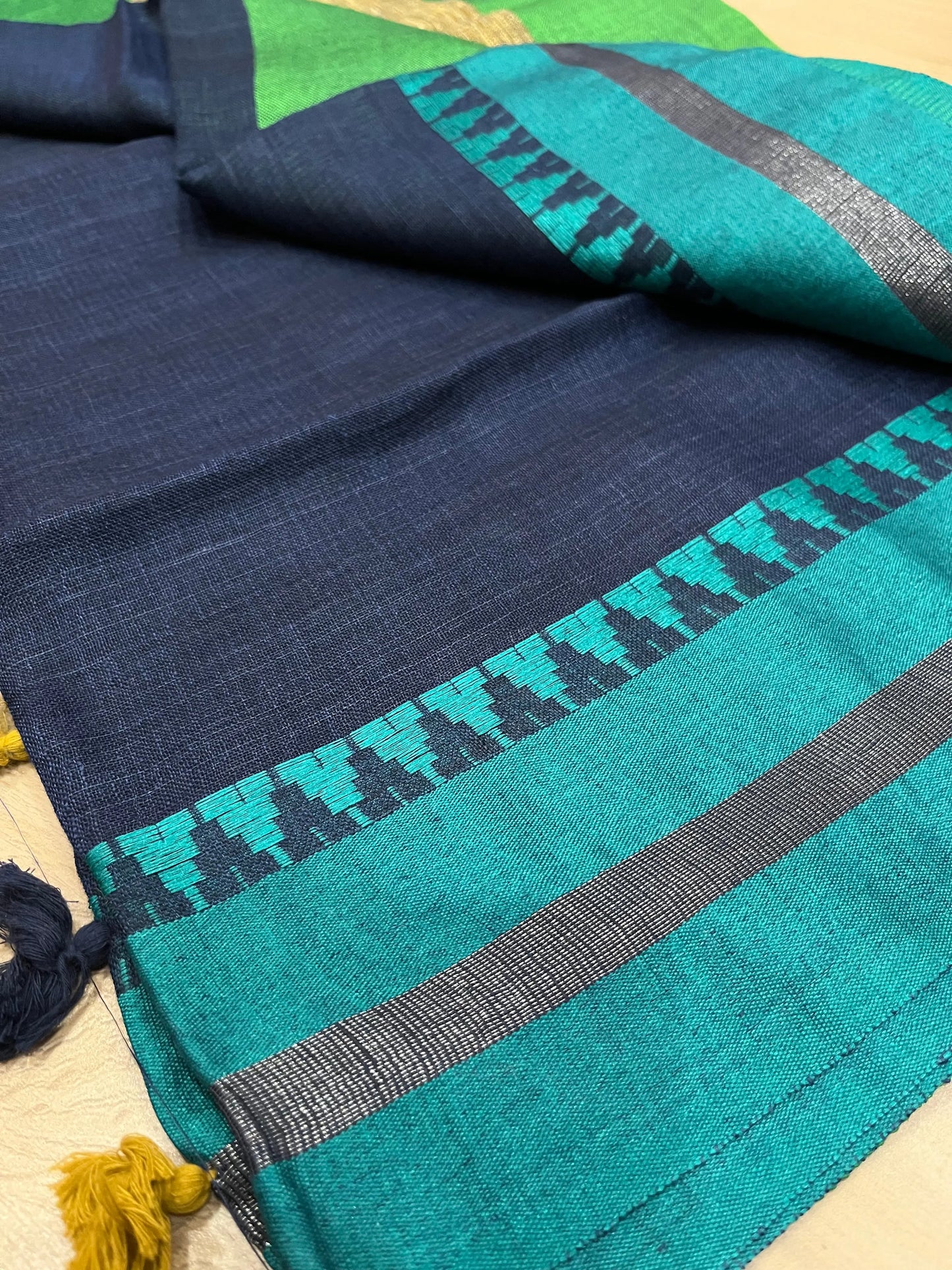 Dark Blue Handwoven organic Linen Saree | Dual shade temple border | KIHUMS Saree kihums clothing
