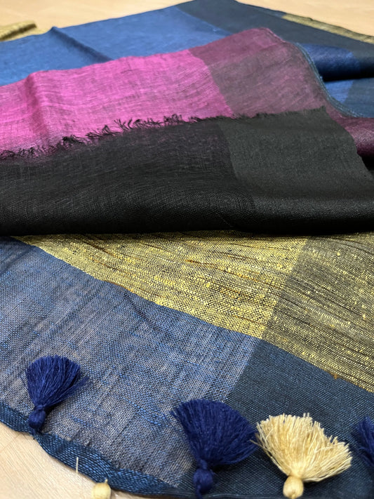 Dual shade half and half Handwoven organic Linen Saree | Contrast blouse | KIHUMS Saree kihums clothing
