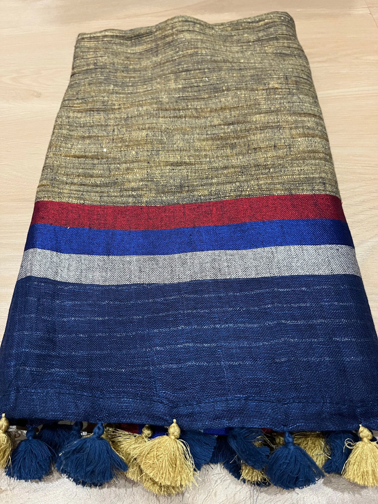 Dark Blue Handwoven organic Linen Saree | Contrast border | KIHUMS Saree kihums clothing