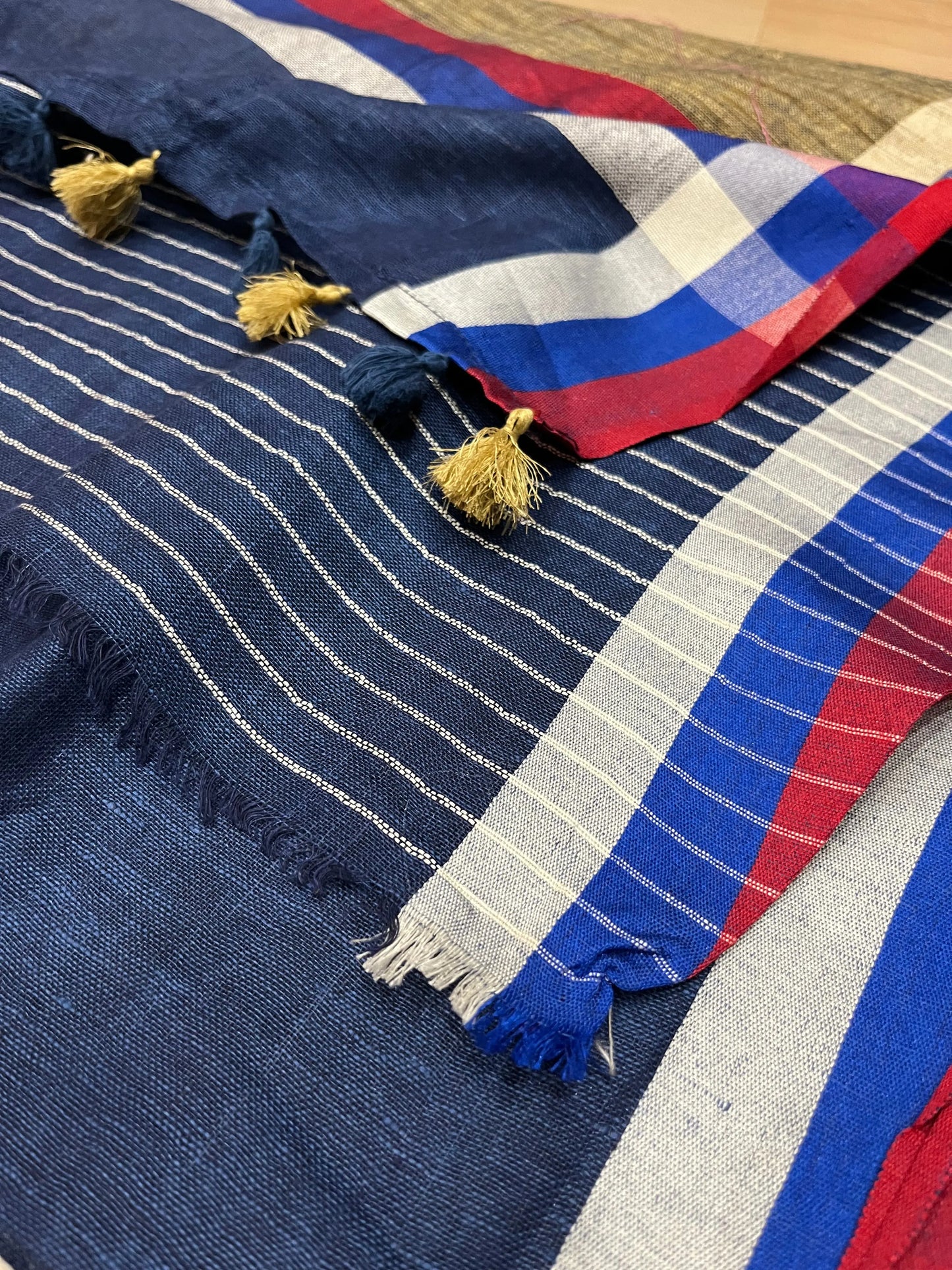 Dark Blue Handwoven organic Linen Saree | Contrast border | KIHUMS Saree kihums clothing