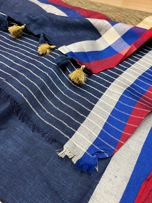 Dark Blue Handwoven organic Linen Saree | Contrast border | KIHUMS Saree kihums clothing